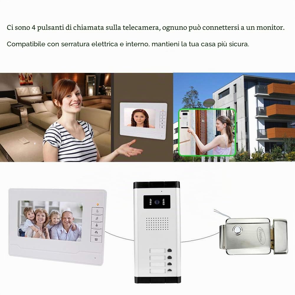 uoweky - Videocitofono cablato 7 TFT-LCD con videocitofono 4 monitor interni + telecamera di visione notturna IR 700TVL ad alta risoluzione per più appartamenti/famiglie