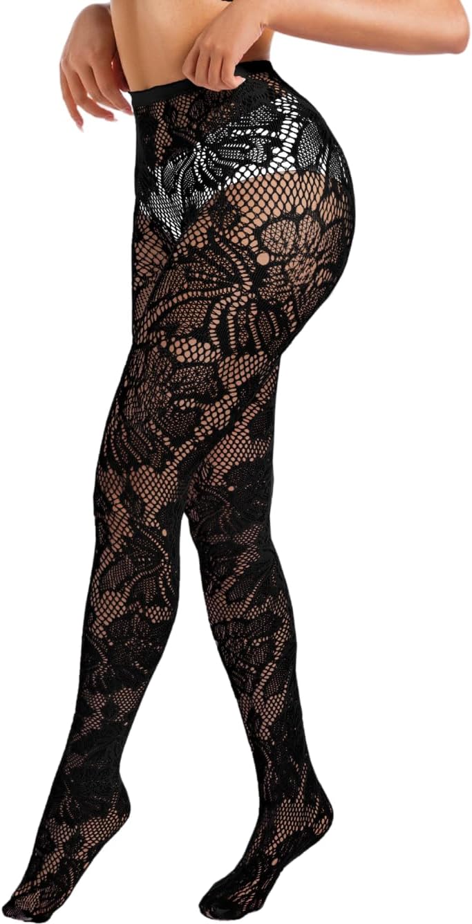 Sexy Lace Tights For Women, High Waisted Fishnet Stockings Concert, Floral Patterned Pantyhose Leggings Rave Outfits