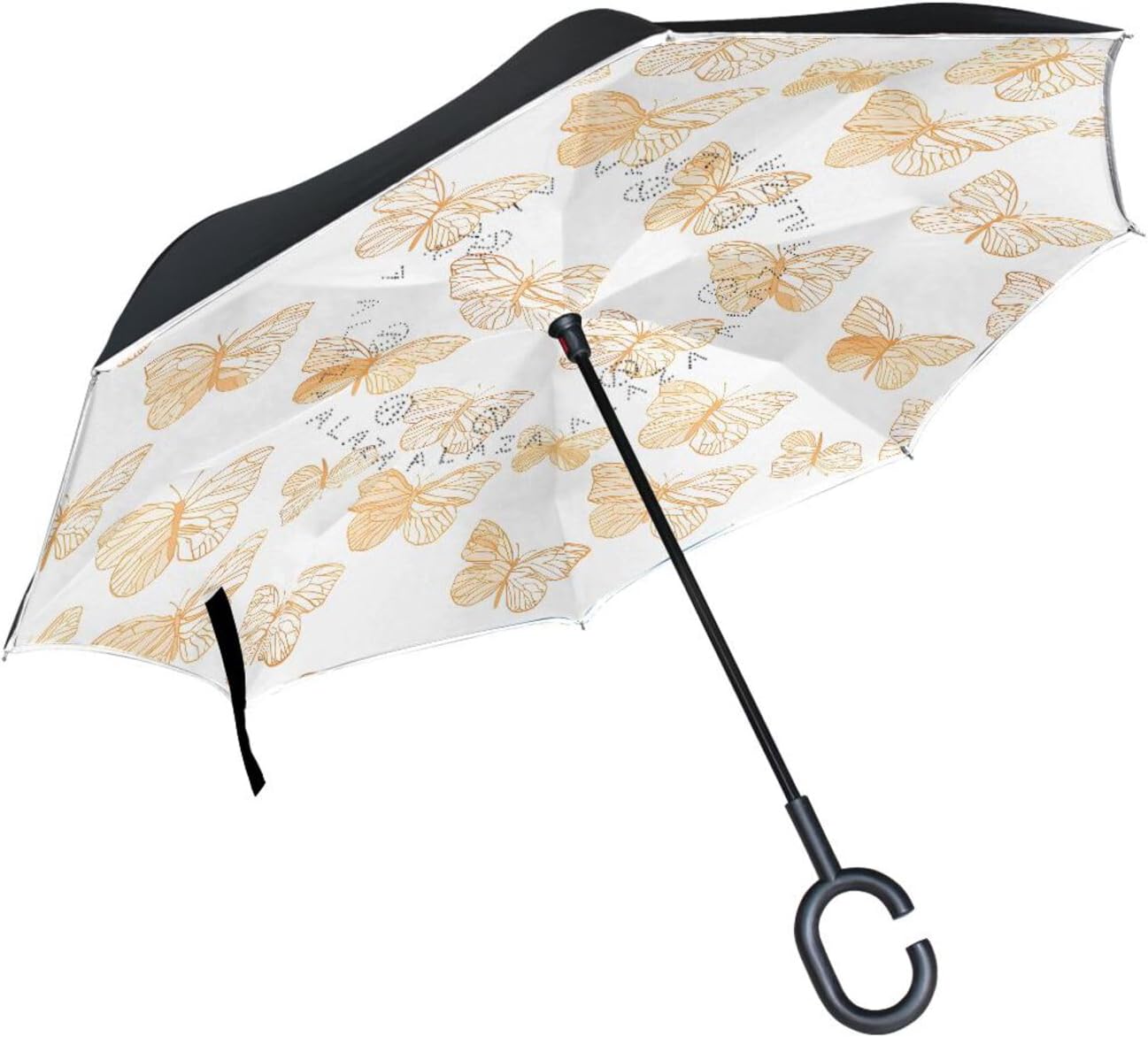 Gold Butterfly Print Inverted Umbrellas for Rain Windproof Reverse Upside Down Golf Umbrella with C-shape Handle for Men Women