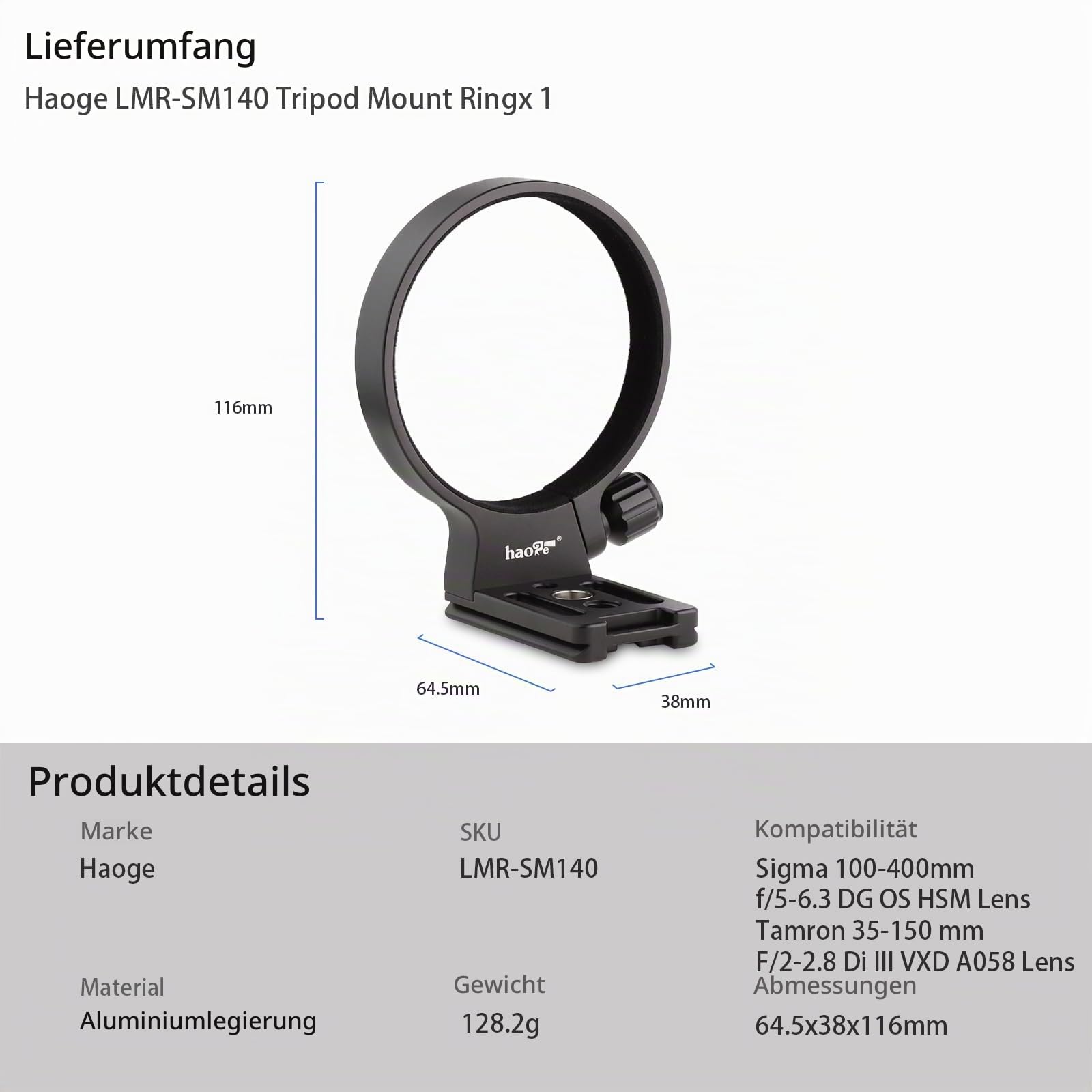 Haoge LMR-SM140-N Stativ-Halterungsring für Tamron 35-150 mm F/2-2.8 Di III VXD A058 Objektiv für Sony E-Mount und Sigma 100-400mm f/5-6.3 DG OS HSM Objektiv für Canon EF Mount und Nikon F Mount