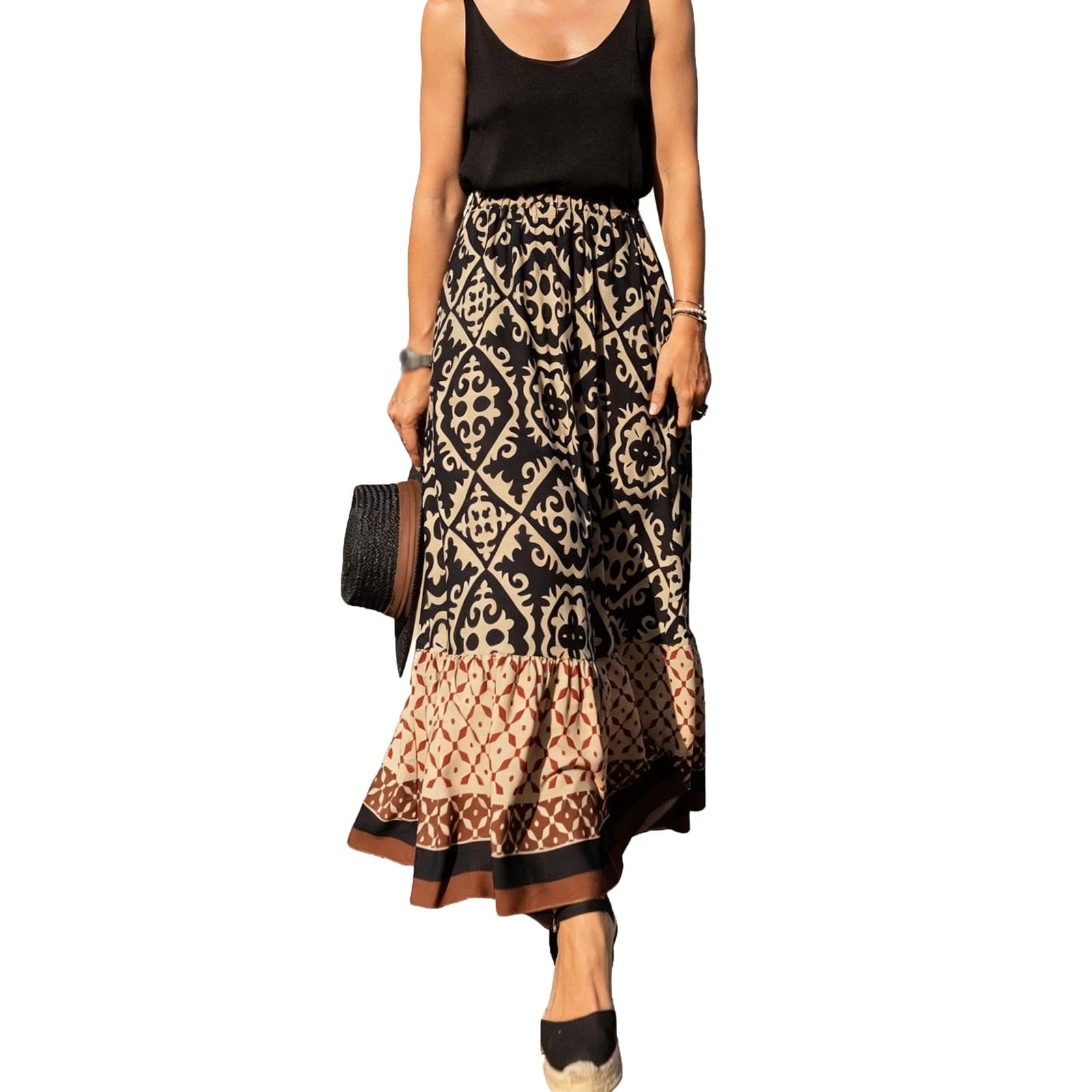 UYHBCNQD Printed Midi Long Skirt Full Women's Maxi Skirts High Elastic Waisted(Nero,Lagre)