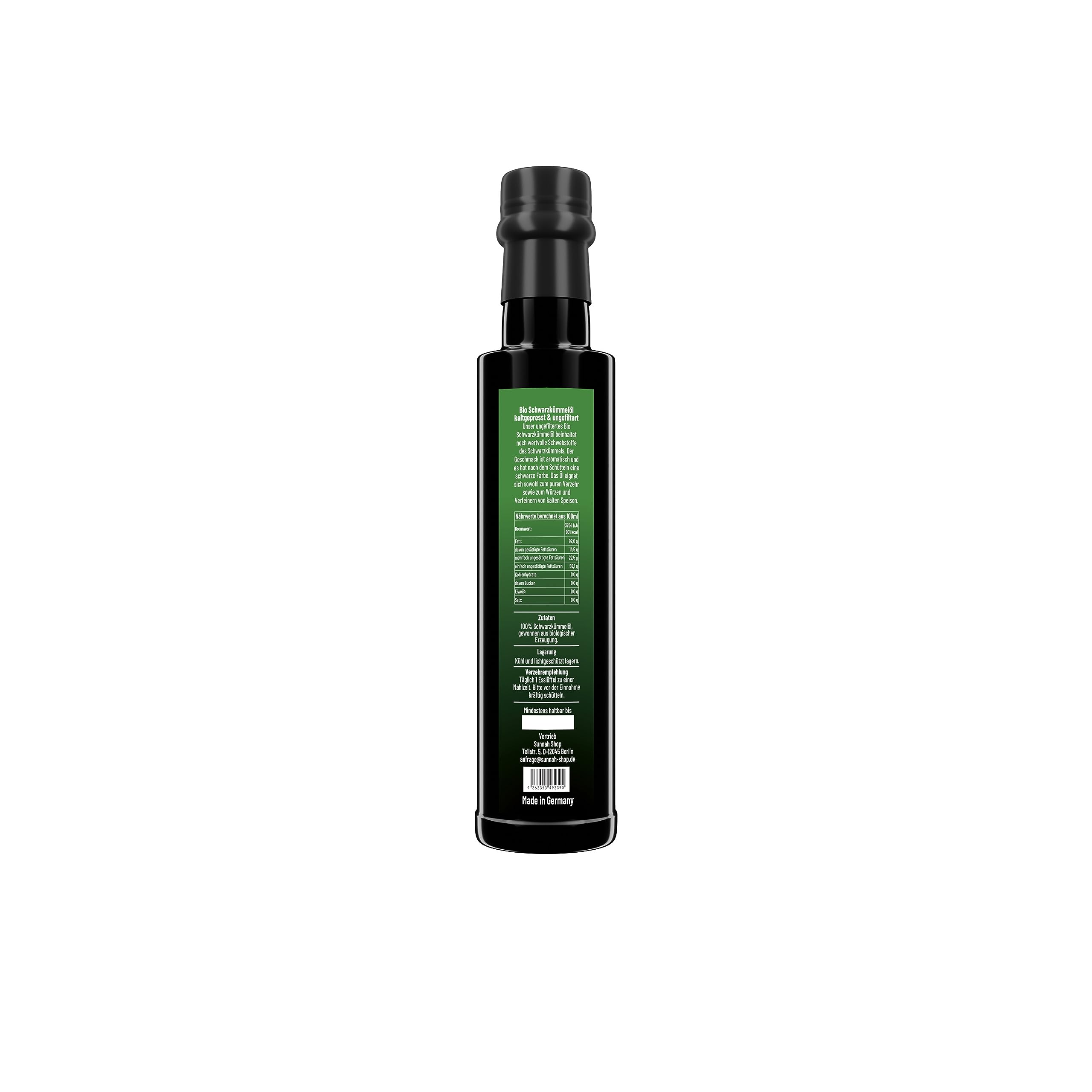 Sunnah Shop® huile de cumin noir biologique non filtrée pressée à froid 250 ml | Huile de Nigelle Bio | Nigella Sativa égyptienne 100% pure