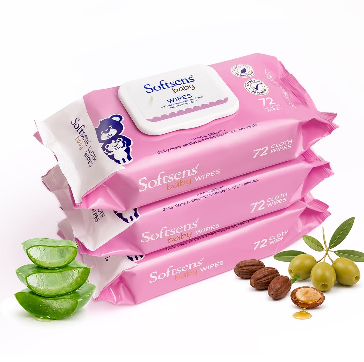 Softsens Baby Gentle Cloth Wipes for Baby Skin Enriched with Aloe Vera & Vitamin E I Dermatologically Tested & Parben Free with Lid - 72 wipes (Pack of 3)-picture-36