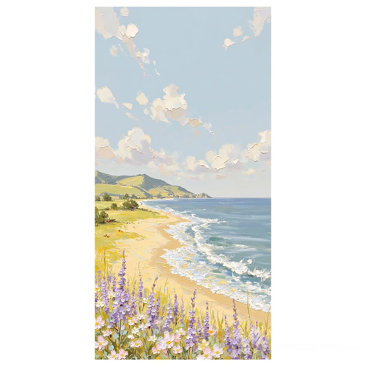 LCDIUDIU Blue Sky Lavender Beach Wall Art Unframed Hand Painted Textured Canvas Painting Abstract Coastal Ocean Wildflower Landscape Wall Decor Artwork for Living Room Bedroom Home 120X240Cm(48X96In