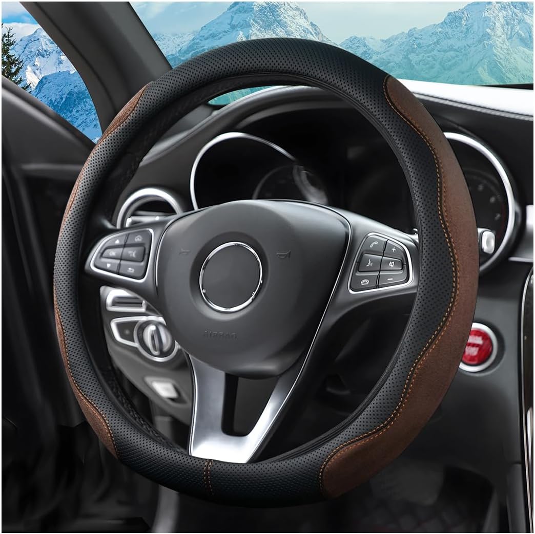 XINLIYA 14.5"-15" Car Steering Wheel Cover, Auto Interior Wheel Protector with Durable Soft Breathable Anti-Slip Linging Leather Accessories for Men Women, Universal for Vehicles Trucks SUVs(Coffee)