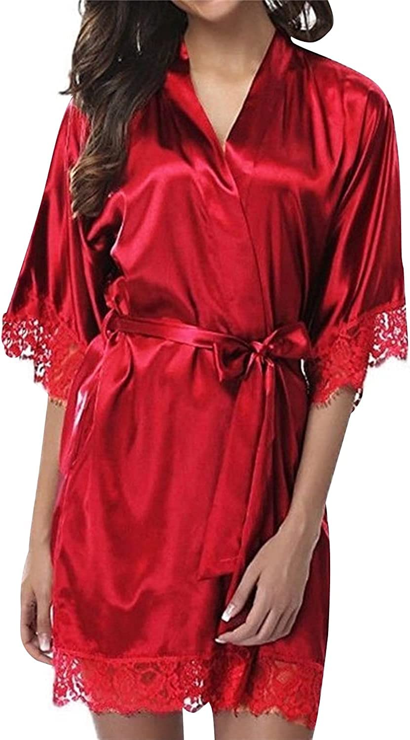 OULIWANGLUOWomen's Sexy Lace Plus Size Robe Sleepwear Satin Floral Lace Trim Cami Robe Kimono Lingerie Sexy Silk Robes