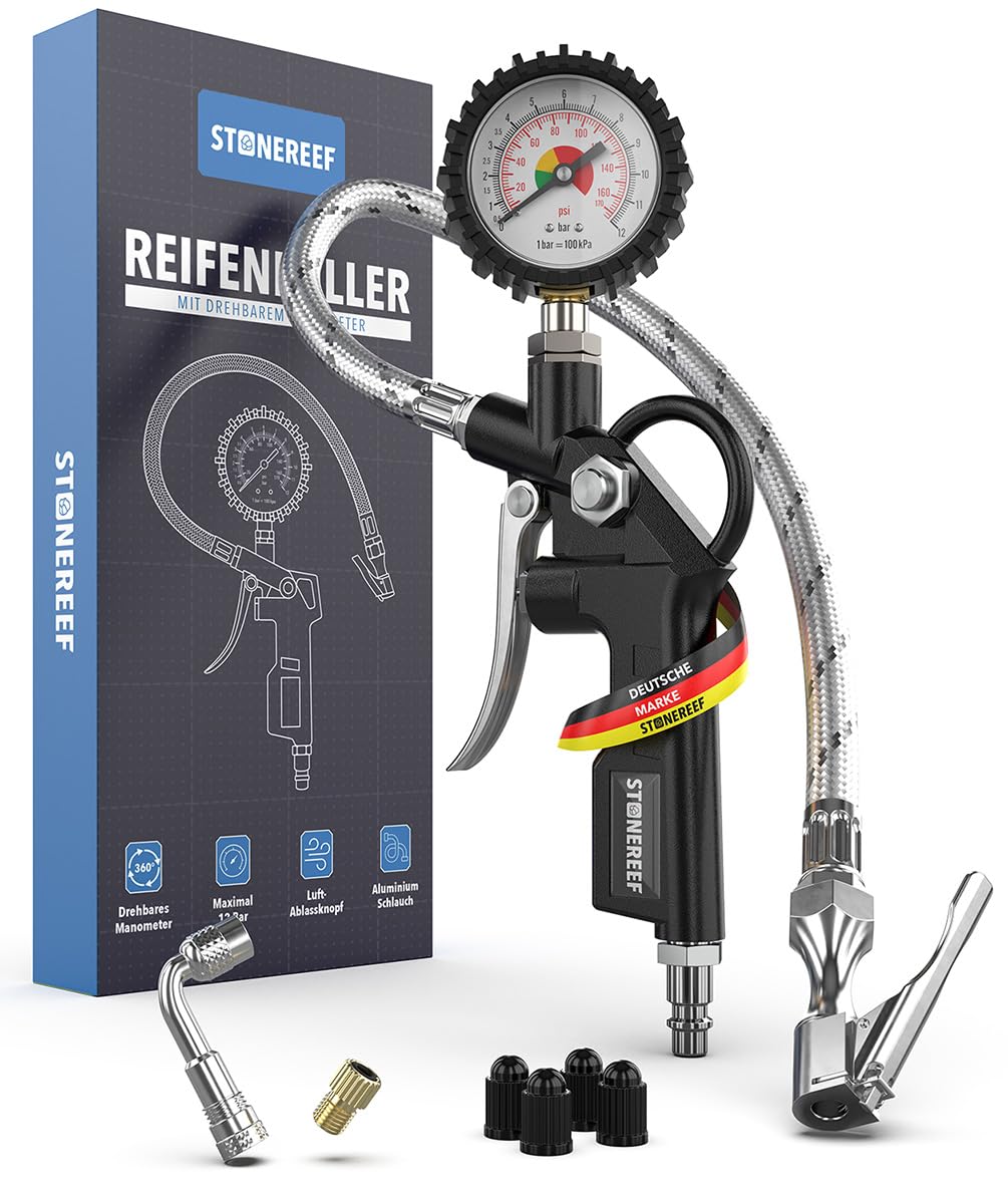 Reifenfüller mit drehbarem Manometer [inkl. Adapter & Ersatzkappen] – Reifendruckfüller für Werkstatt, Auto und Fahrrad – Reifenfüller mit Schlauch und Luftdruckprüfer für Kompressor