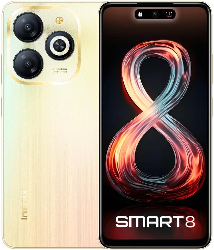 Infinix Smart 8 (RAM: 3+3GB, ROM: 64GB), 6.6" HD+ Display, 13MP Dual AI Rear Camera With Ring Flashlight, 8MP Front Camera, 5000 mAh Battery, Dual Nano Sim, Type-C, Android 13 - Shinny Gold Color