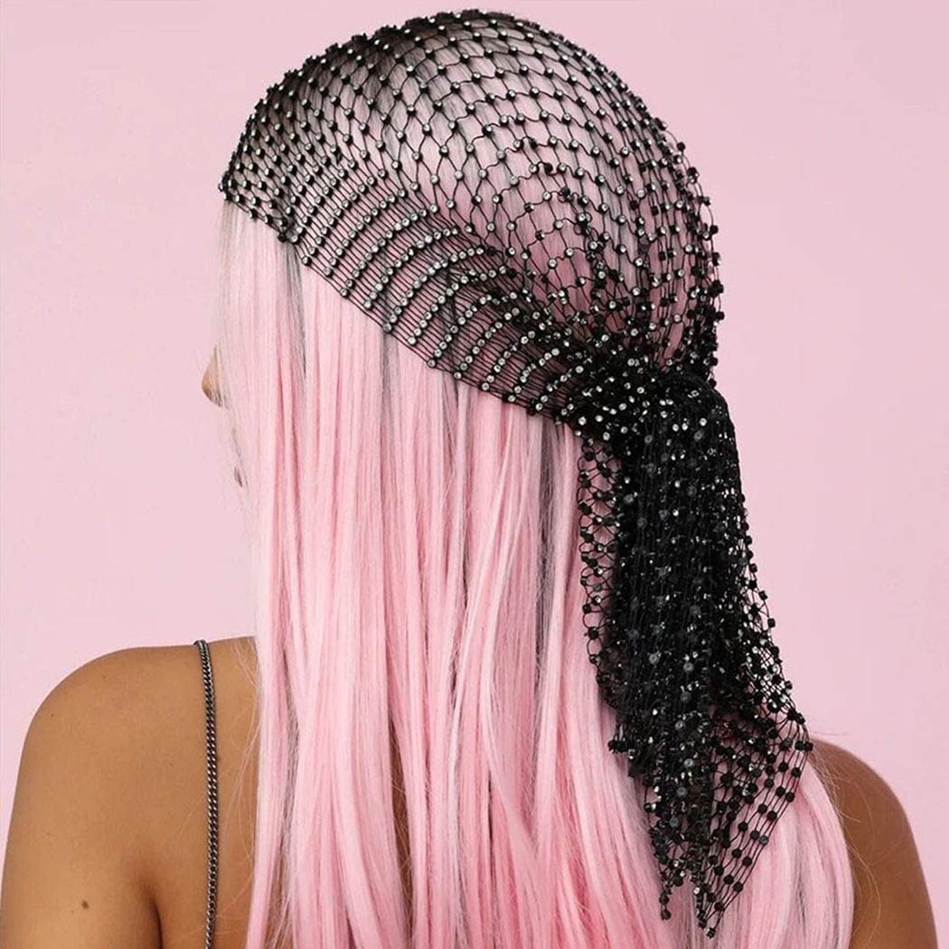 JEAIRTS Rhinestone Head Scarf Sparkly Black Mesh Headband Stretchy Crystal Nightclub Headwrap Rave Hair Accessories for Women (1-Black, Free Size)