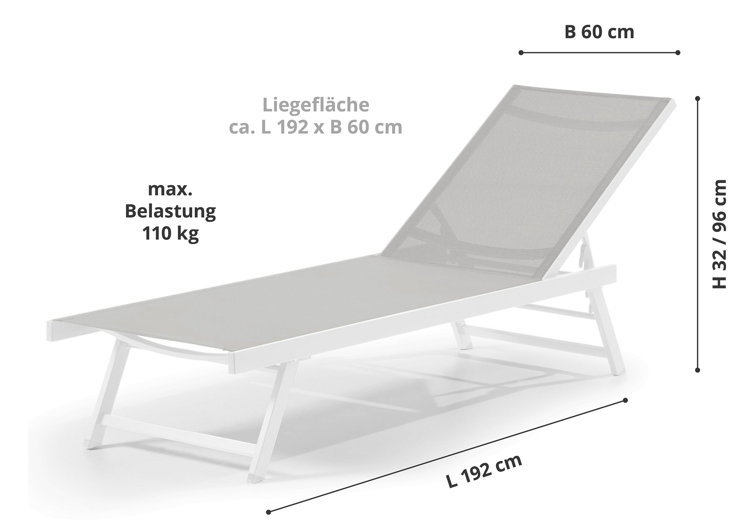 Leco-Sonnenliege Elina – Formschöne Aluminium-Gartenliege mit 5fach Verstellbarer Rückenlehne und einklappbaren Füßen – Gestell Weiß