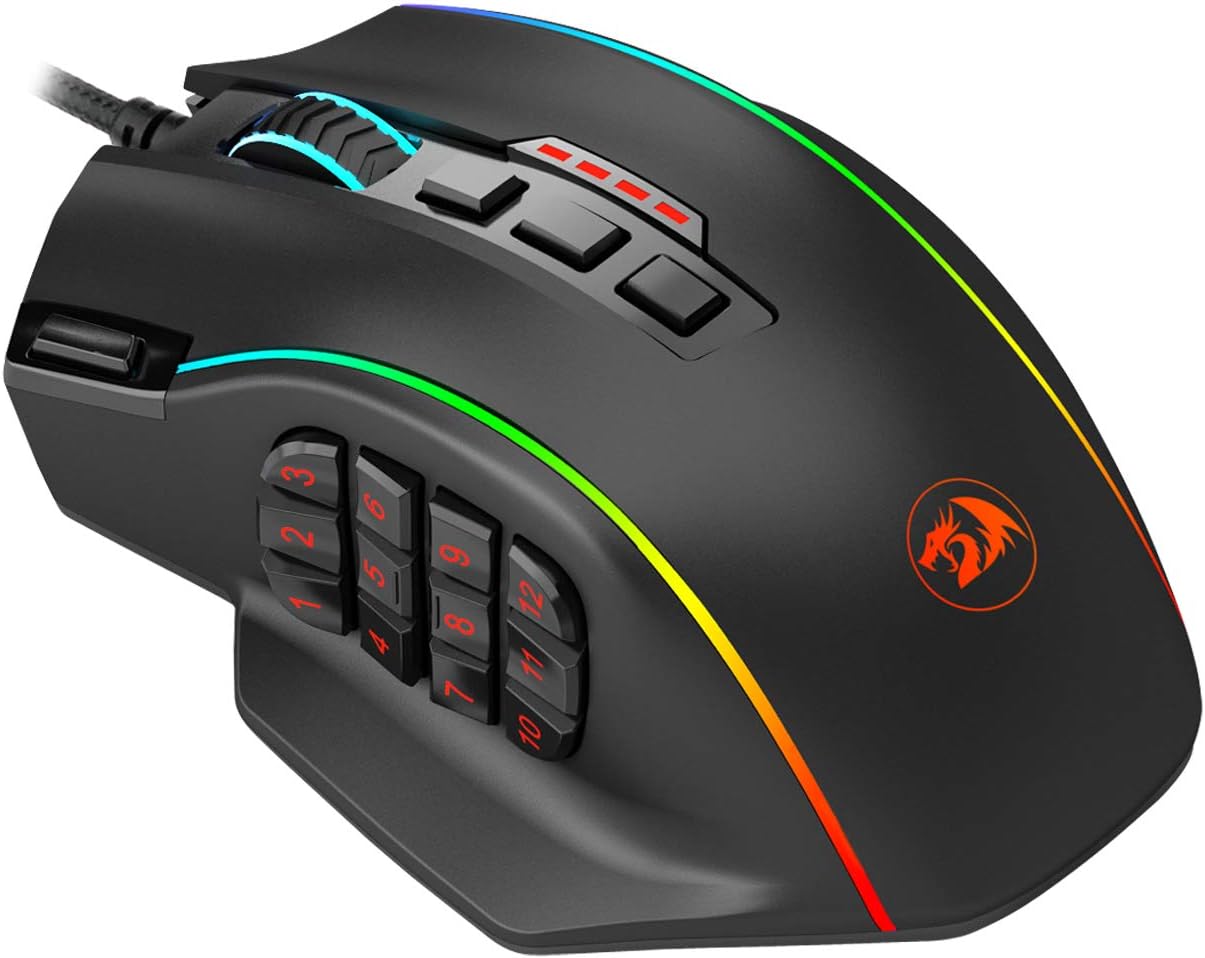 Redragon M901 Gaming Mouse RGB Backlit MMO 19 Macro Programmable Buttons with Weight Tuning Set, 12400 DPI for Windows PC Computer (Wired, Black)
