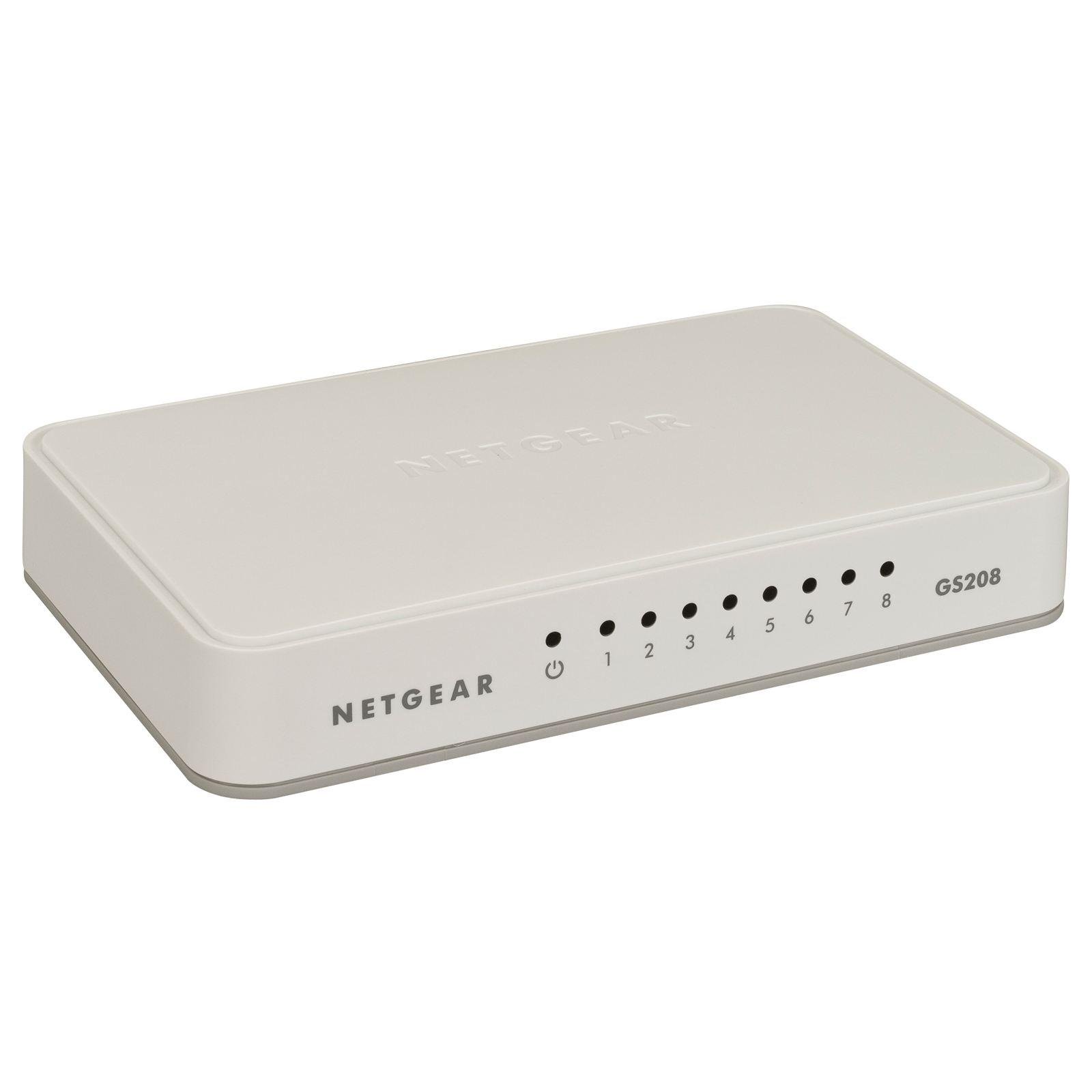 NETGEAR GS208 8 Port Gigabit Ethernet Network Switch, Hub, Internet splitter, Desktop, Plug and Play, White
