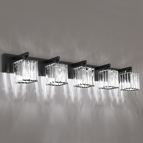 Miniatura 2 de Aipsun Lámpara de tocador de baño, lámparas negras de 5 luces de cristal para tocador, iluminación moderna para baño (excluye bombilla)