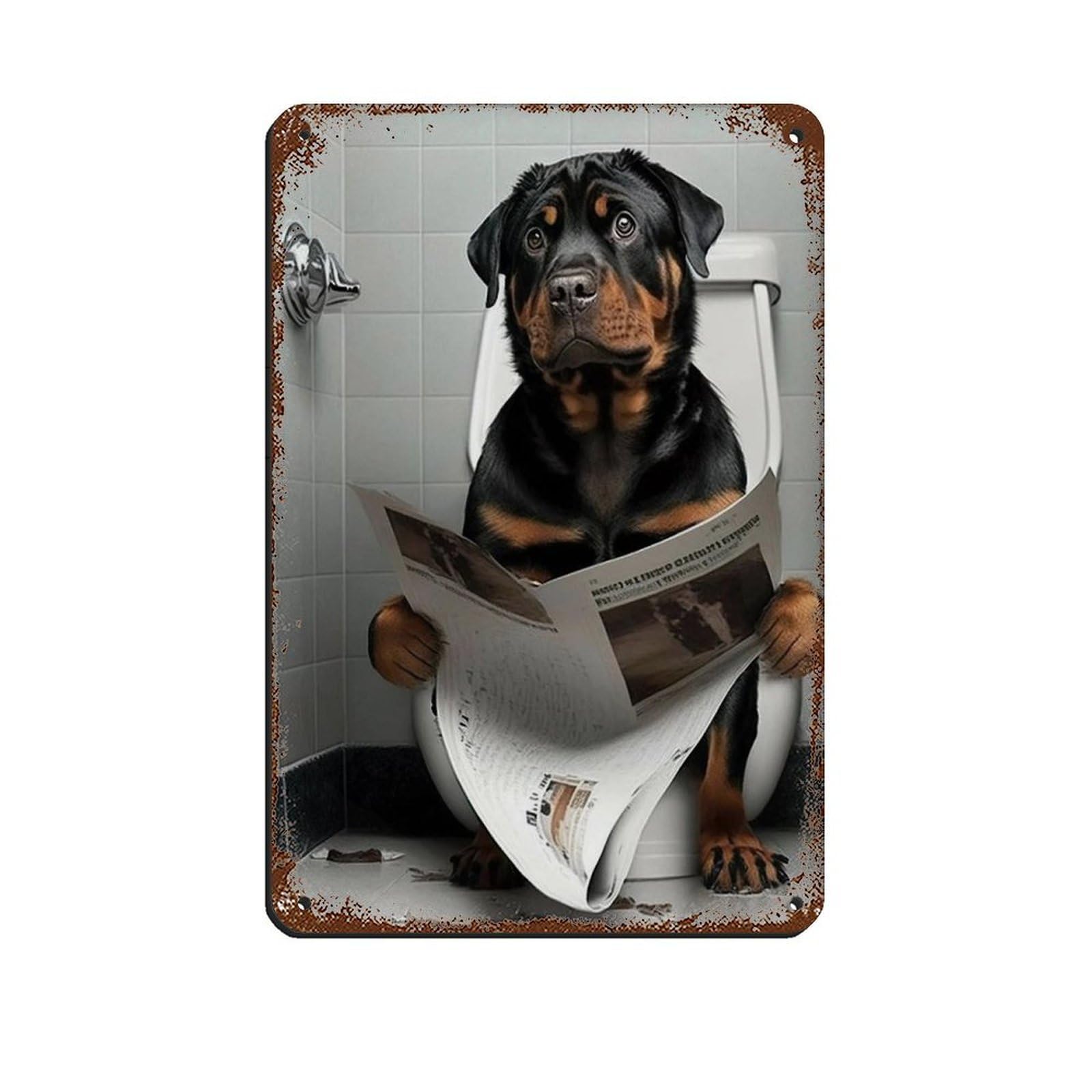 Lxwnze 20L X 30W Cm Rottweiler Sitting On The Toilet Reading A Newspaper Retro Poster Metal Tin Sign Chic Art Retro Iron Painting Bar People Cave Cafe Family Garage Poster Wall Decoration 8X12inch(20X30cm)