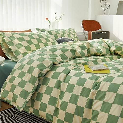 Miniatura 4 de CLOTHKNOW Juego de edredón California King con diseño a cuadros verde y blanco, 3 piezas, juego de ropa de cama con cuadrícula, edredón a cuadros
