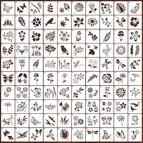 100 Pcs Small Stencils for Painting on Wood 2 x 2 Inches Reusable Stencil Crafts Drawing Templates Holiday Wall Paper for DIY Scrapbook Rock (Flower, Plants, Insect)