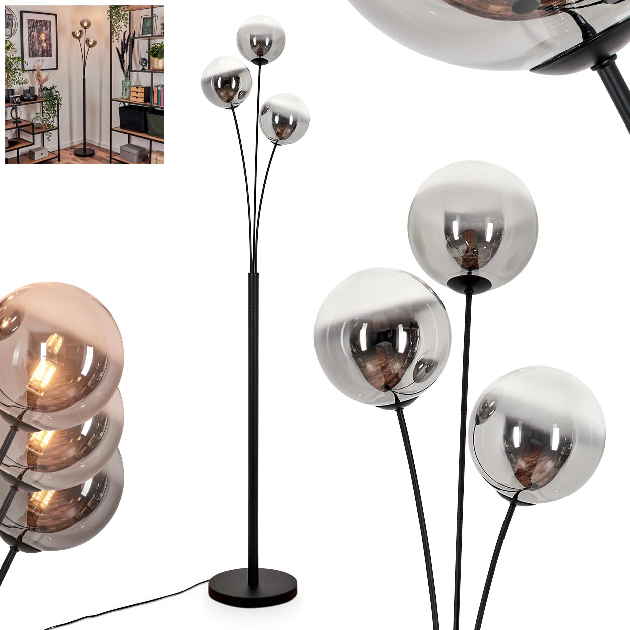Stehleuchte Bernado, Stehlampe aus Metall/Glas in Schwarz/Rauchfarben/Klar, Leuchte im modernen Retro/Vintage-Design mit Schirmen aus Glas (Ø 15 cm), dimmbar über Fußschalter, 3x G9, ohne Leuchtmittel
