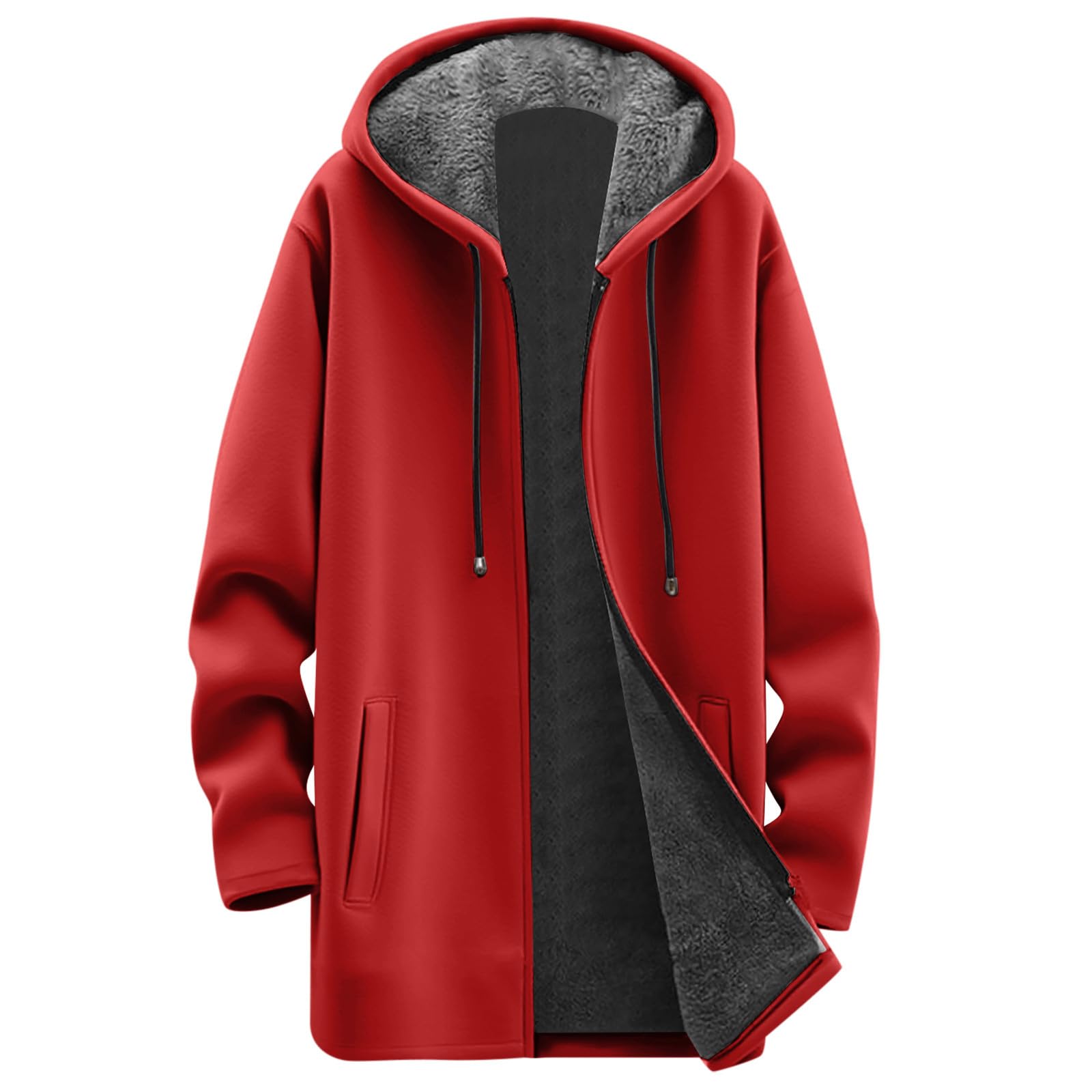 Generisch Felpa da donna con cappuccio di media lunghezza, con chiusura lampo, tinta unita, foderata in flanella, calda, autunno, inverno, taglie forti, comoda con cappuccio, per il tempo libero, per