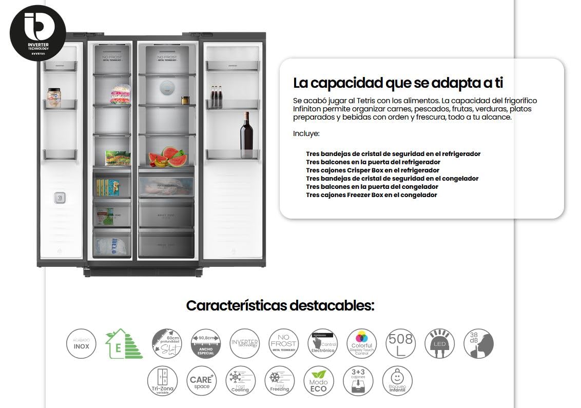Frigorifico Americano Infiniton SBS-535A93XEB, 508 Litros, 193 cm de Altura, E, Total No Frost, Fast Cooling y Fast Freezing, Diseño SLOT-IN, Inox