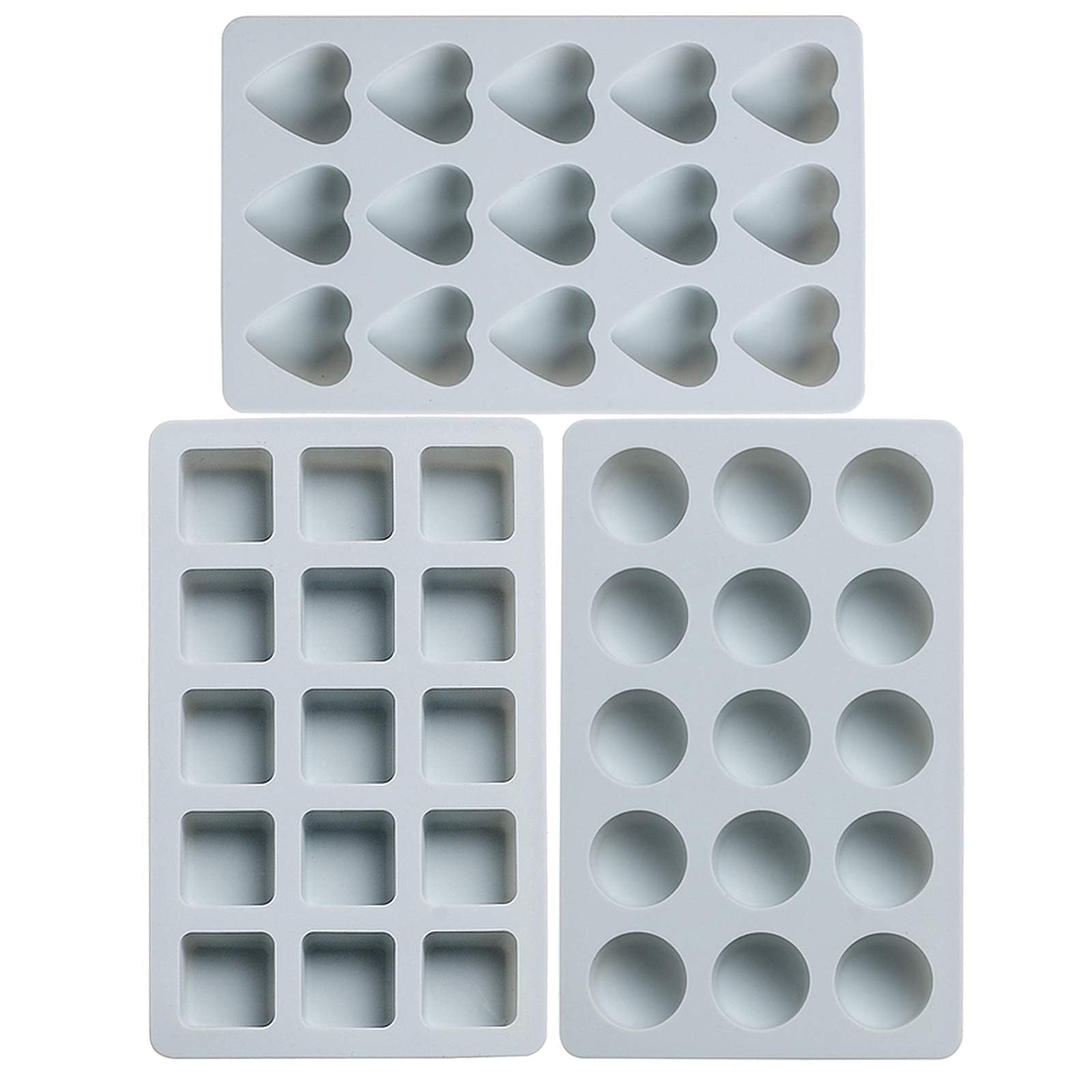 Set di 3 stampi in silicone per caramelle e cioccolato, antiaderenti, inclusi cuore, rotondo, quadrato, per caramelle, gommose, caramello caldo, ghiaccio, torta, gelatina, ganache (blu)