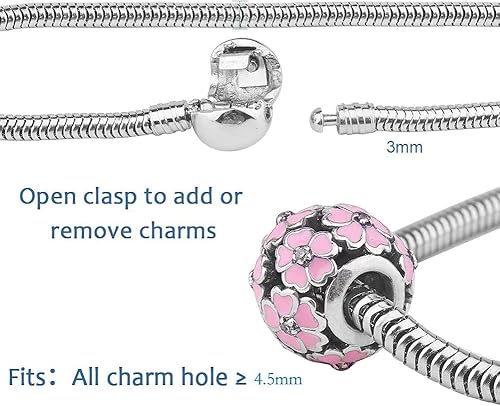 Miniatura 5 de PH PandaHall Pulsera de cuentas de 7.8 pulgadas de acero inoxidable con cadena de serpiente europea con cierre redondo de barril a presión para