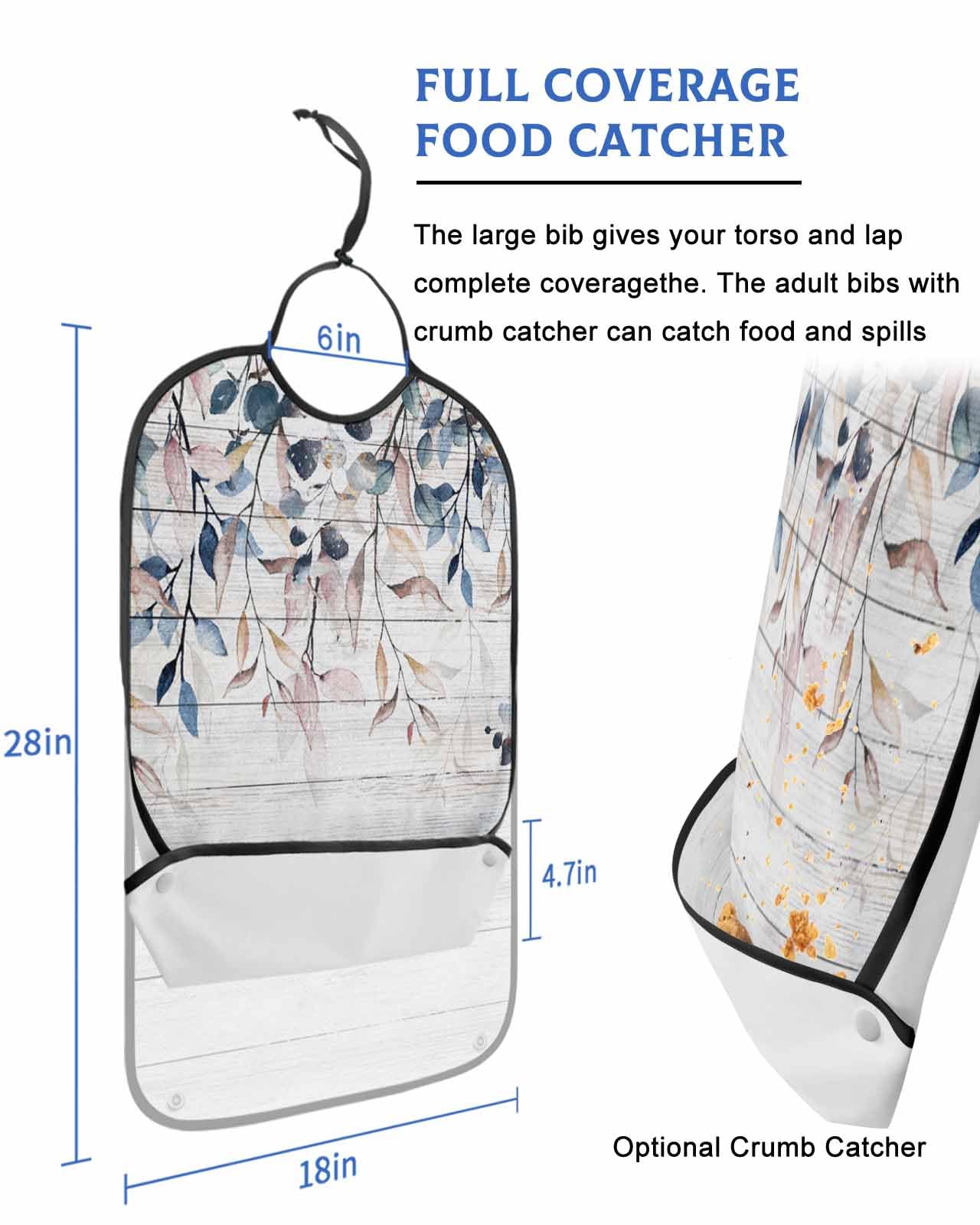 LEOKOTI Blue Brown Eucalyptus Leaves Adult Bibs for Eating, Waterproof Bibs with Food Catcher & Adjustable Snap Closure, Vintage Pastoral Botanical Washable Clothing Protectors Adult Bibs for Elderly