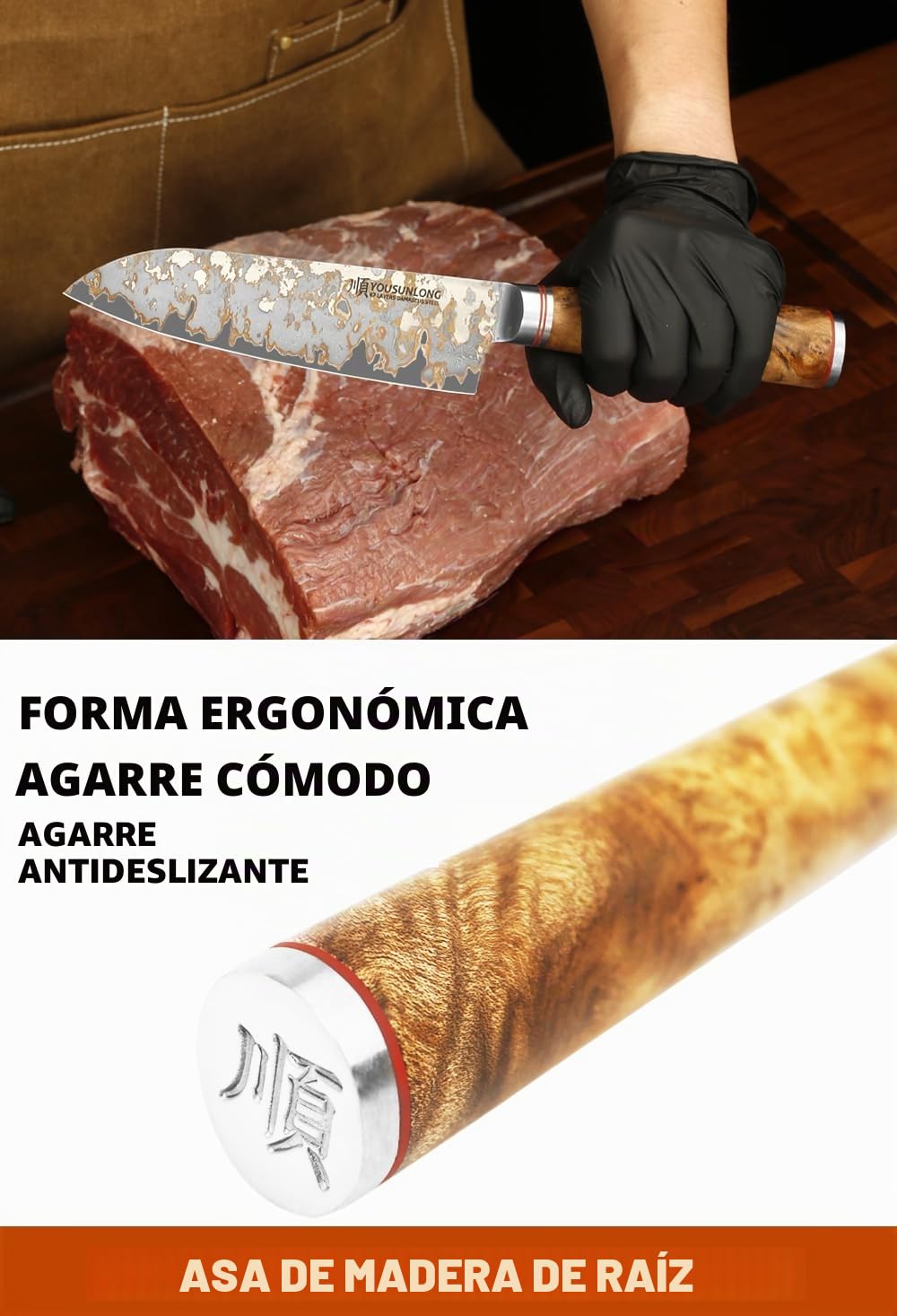 YOUSUNLONG Cuchillos de Chef Damasco - Hoja de Acero Damasco Cobreado de 168mm hecho a mano en Japón - Cuchillo de Cocina Profesional Afilado como una Navaja - Mango de Madera Naturel Burl con Cuero