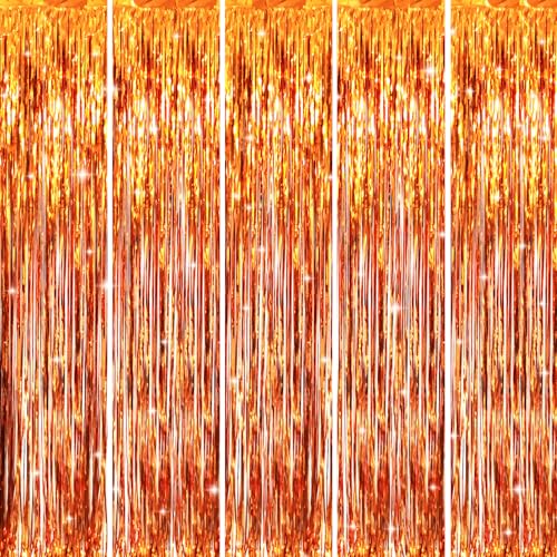 GOER 3.2 ft x 9.8 ft Metallic Tinsel Foil Fringe Curtains Party Photo Backdrop Party Streamers for Birthday,Graduation,New Year Eve Decorations Wedding Decor (5 Packs,Orange)