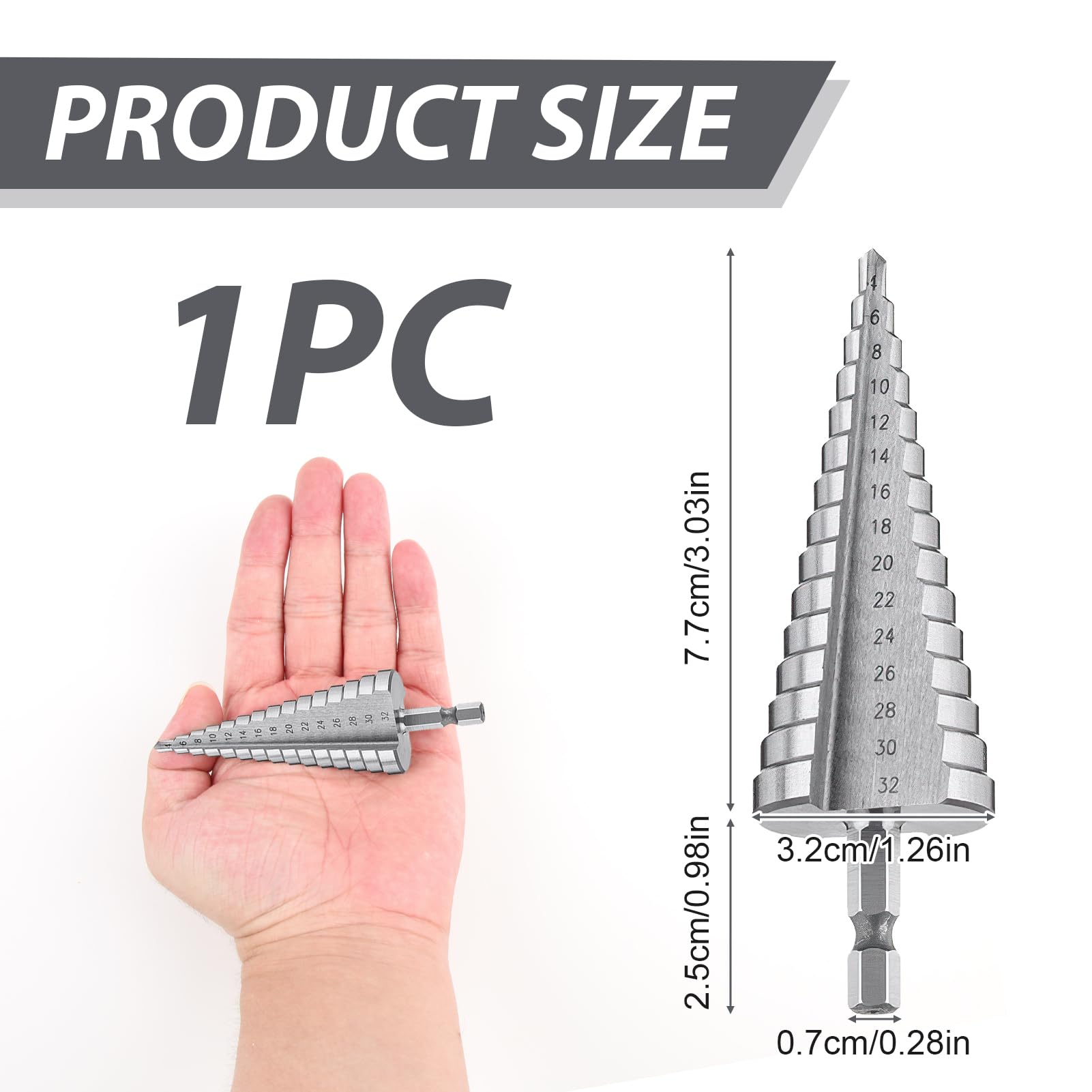1 x wiertła stopniowe, wiertła do frezów stopniowych (4 mm-32 mm) z powłoką tytanową, odpowiednie do stali, drewna, plastiku, mosiądzu, aluminium, PCW, posrebrzanych (4-32)