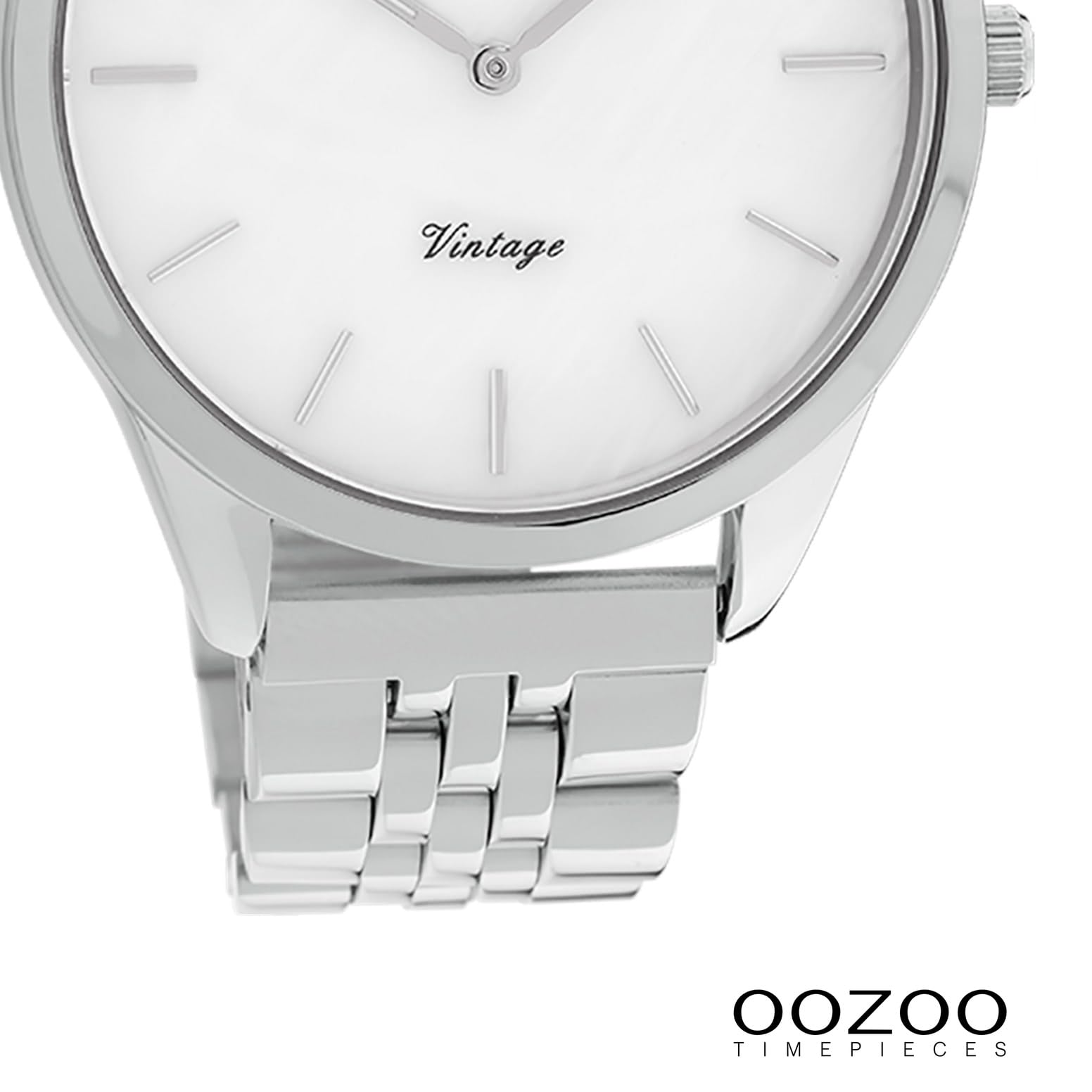 Oozoo Orologio da donna vintage con maglie in acciaio inox, cinturino piatto 38 mm, madreperla/argento C9980, argento/bianco, Bracciale