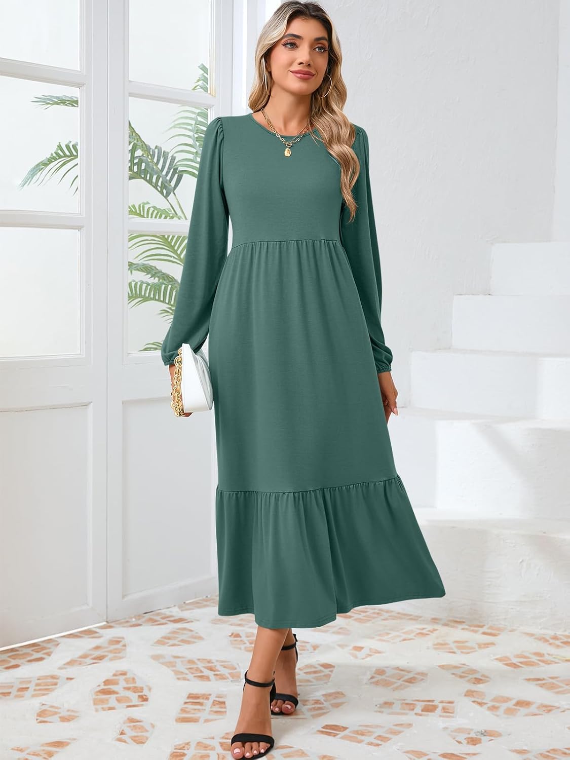 KLWCJFFF Women's Casual Long Sleeve Midi Dress 2024 Fall Crewneck A Line Tiered Flowy Loose Trendy Dresses with Pockets - Image 3