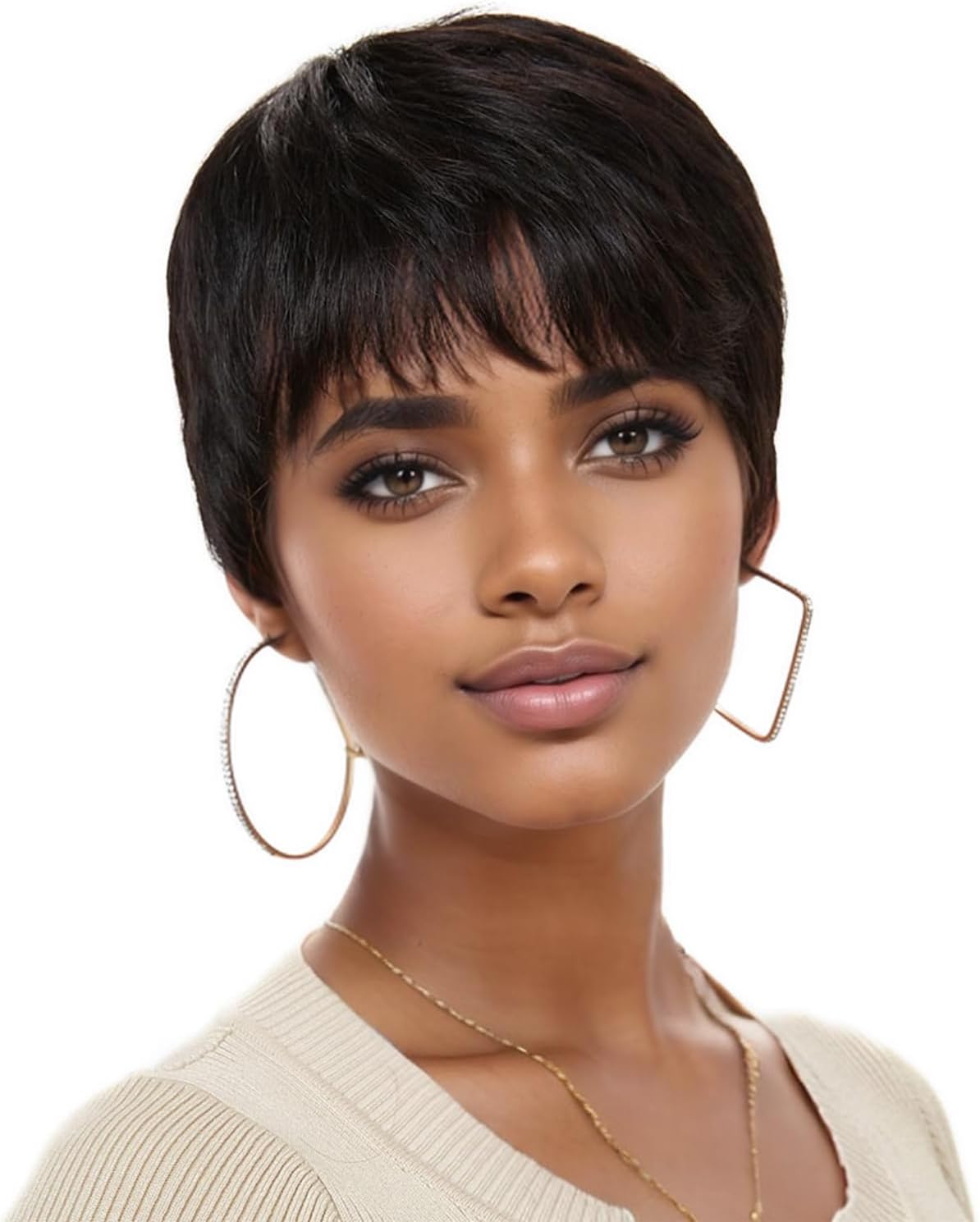 WIGNEE Short Pixie Cut Human Hair Wigs With Bangs for Black Women (1B)