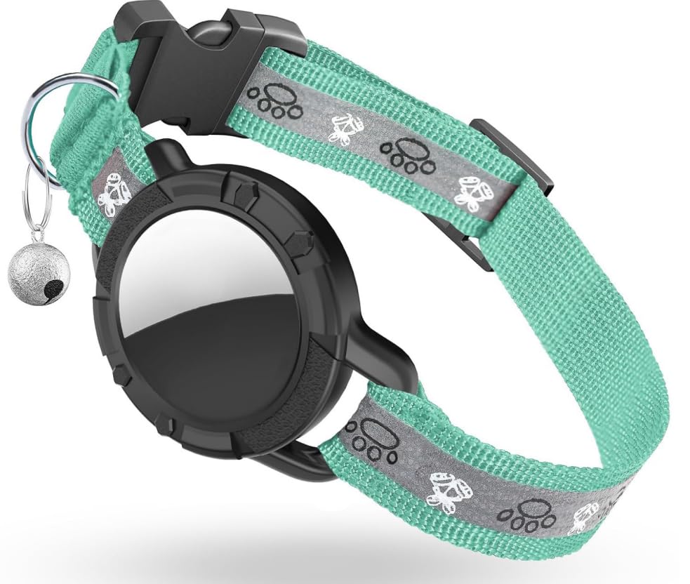 Reflective AirTag Cat Collar Integrated Cat Tracker Collar with Air Tag Holder and Bell Safety Elastic Band Cat GPS Collars for Girl Boy Cats Kittens and Puppies (Green S)