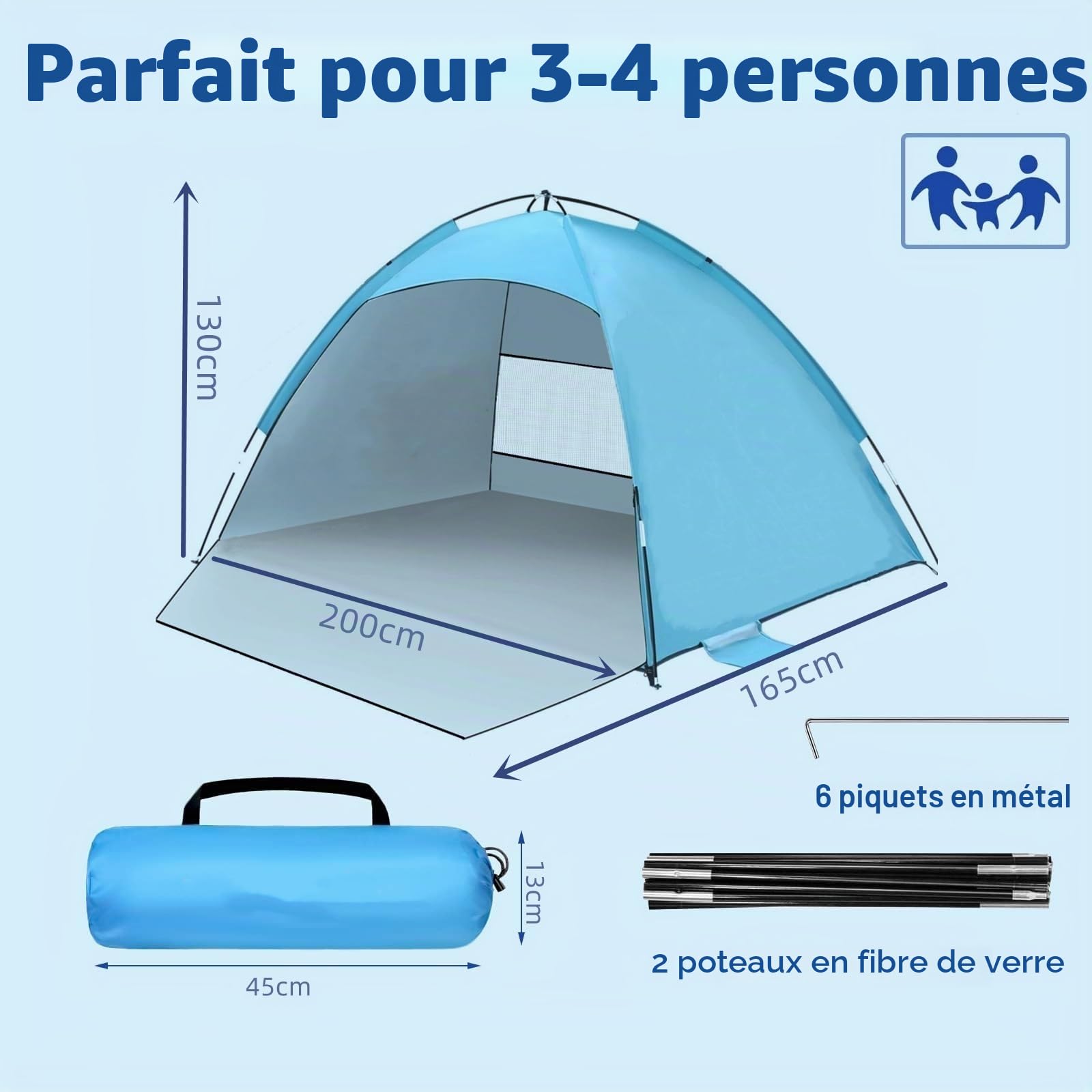 Tente de Plage Anti-UV 50+, Portable Abris de Plage pour 3-4 Personnes, Contre Le Vent, Tente Plage Famille avec Sac de Transport