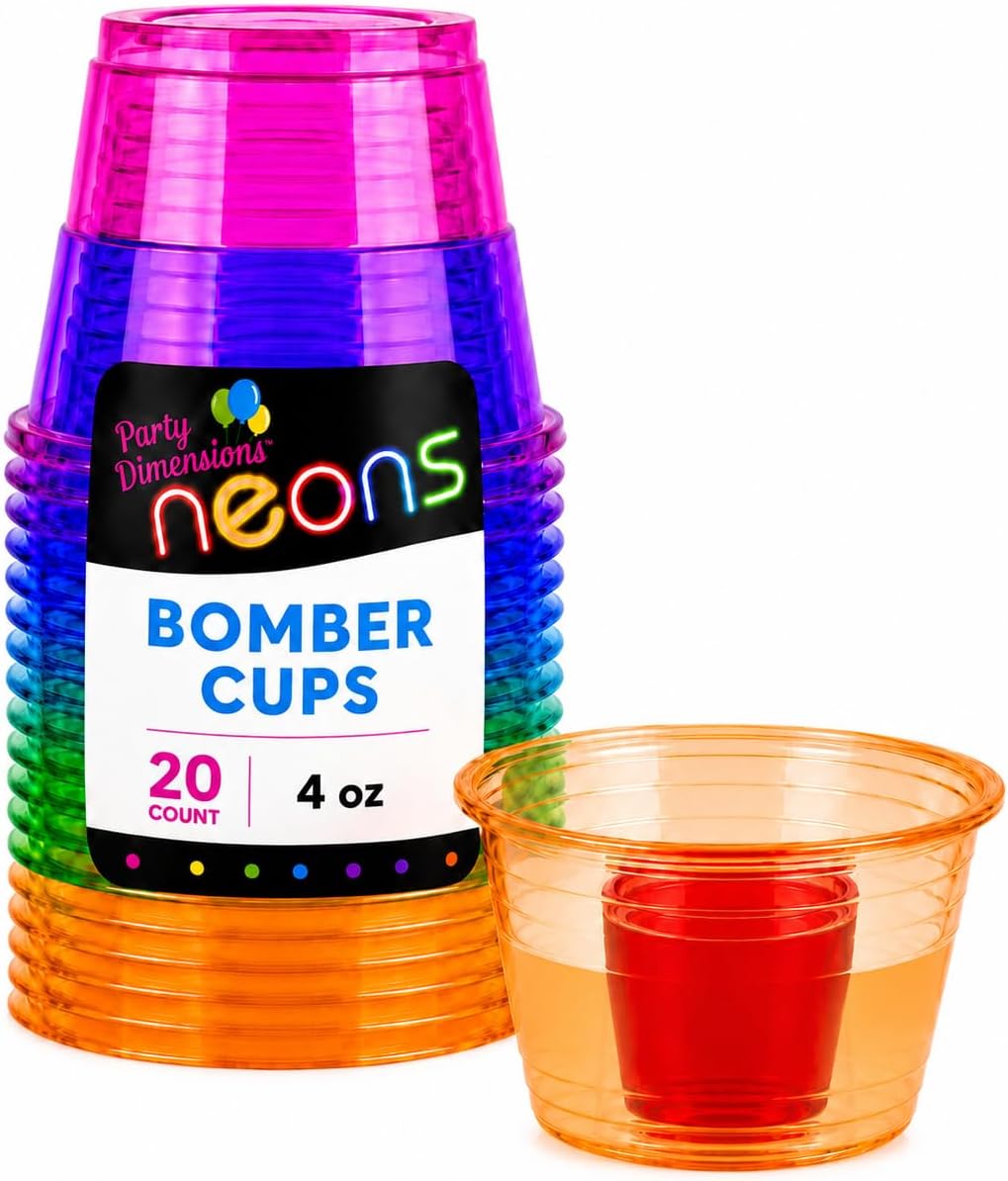 Party Dimensions 20 Pack Disposable Bomber Cups, 4 oz BPA-Free Assorted Colors Plastic Jager Bomb Shot Glasses, Dual Chamber Cups for Bomb Shots, Vegas Bombs, Cherry Bombs, Bars & Parties