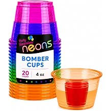 Party Dimensions 20 Pack Disposable Bomber Cups, 4 oz BPA-Free Assorted Colors Plastic Jager Bomb Shot Glasses, Dual Chamber Cups for Bomb Shots, Vegas Bombs, Cherry Bombs, Bars & Parties
