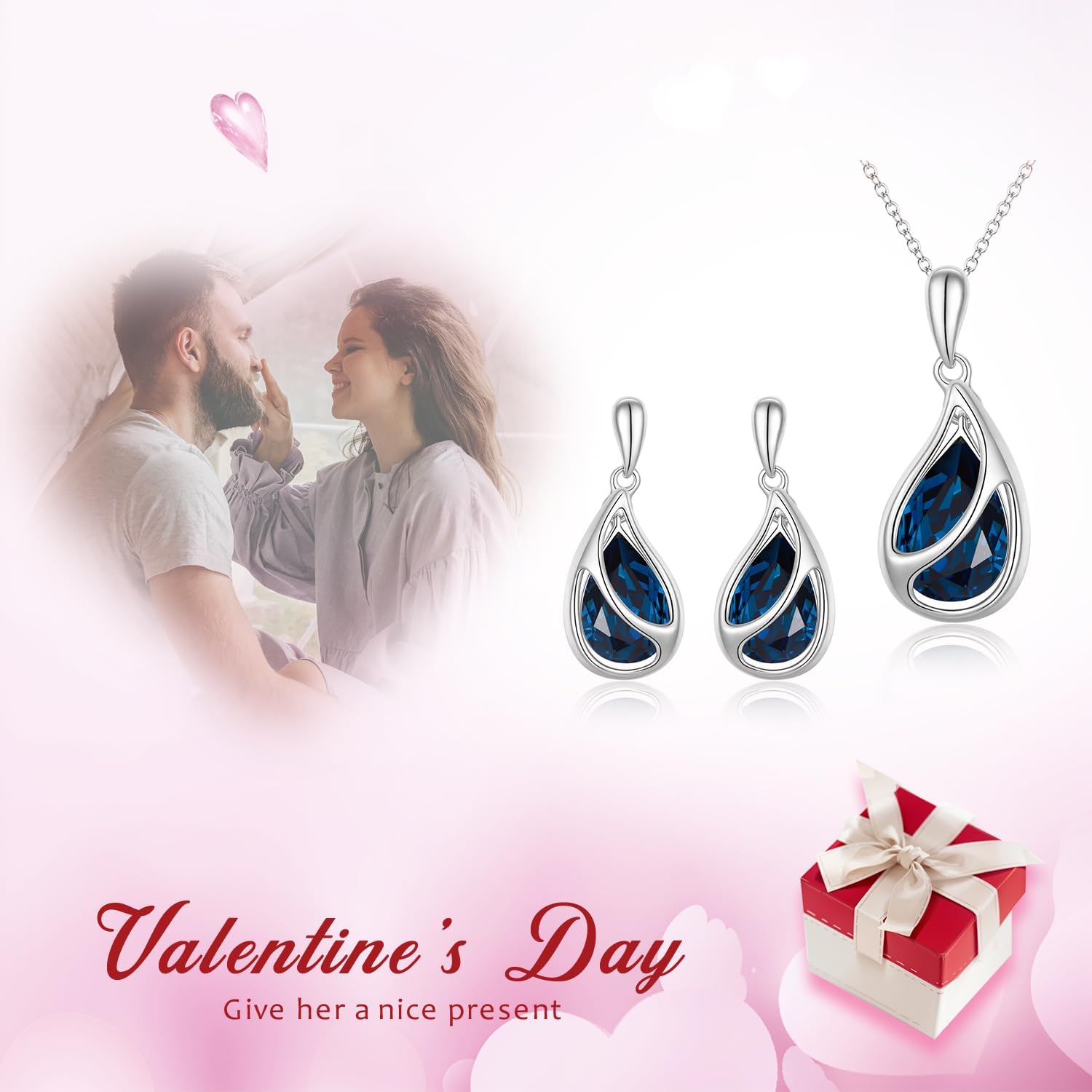EleQueen Austrian Crystal Jewelry Sets, Silver-Tone Blue Teardrop Pendant Necklace Dangle Earrings, Valentine's Mother's Day Christmas Gift for Mom