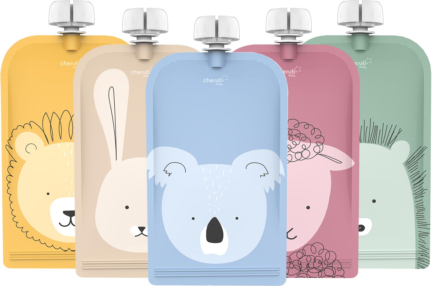 Refillable Food Pouches 5 Pack 150ml Leakproof Freezer Safe BPA-Free Squeeze Bags for Toddler Baby Snacks Reusable Easy Fillable Animal Printed Pouch for Homemade Smoothies Purees Yoghurt