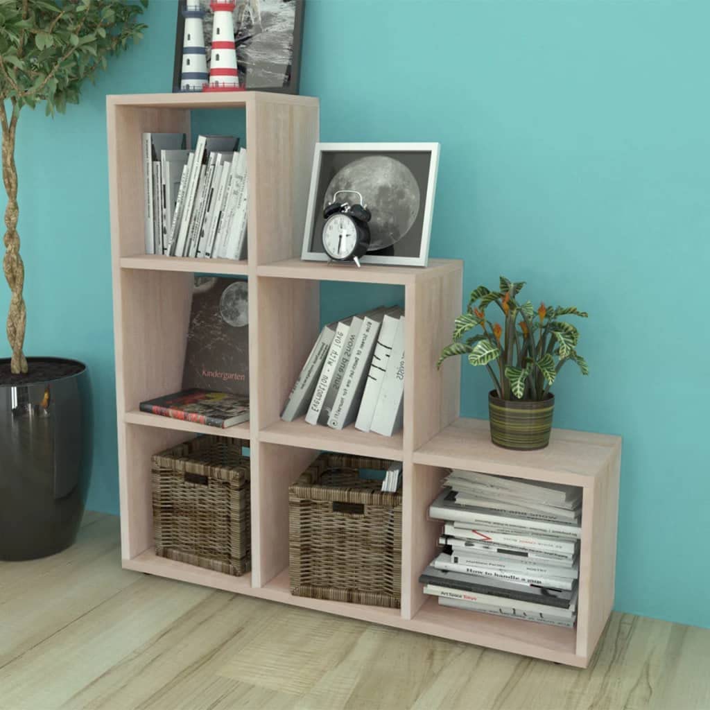 Regał schodowy, regał na książki, 107 cm, kolor dębu, z 6 otwartymi półkami, stabilny regał ścienny, ścianka działowa, trwały organizer, meble do salonu, gabinetu, pokoju dziecięcego