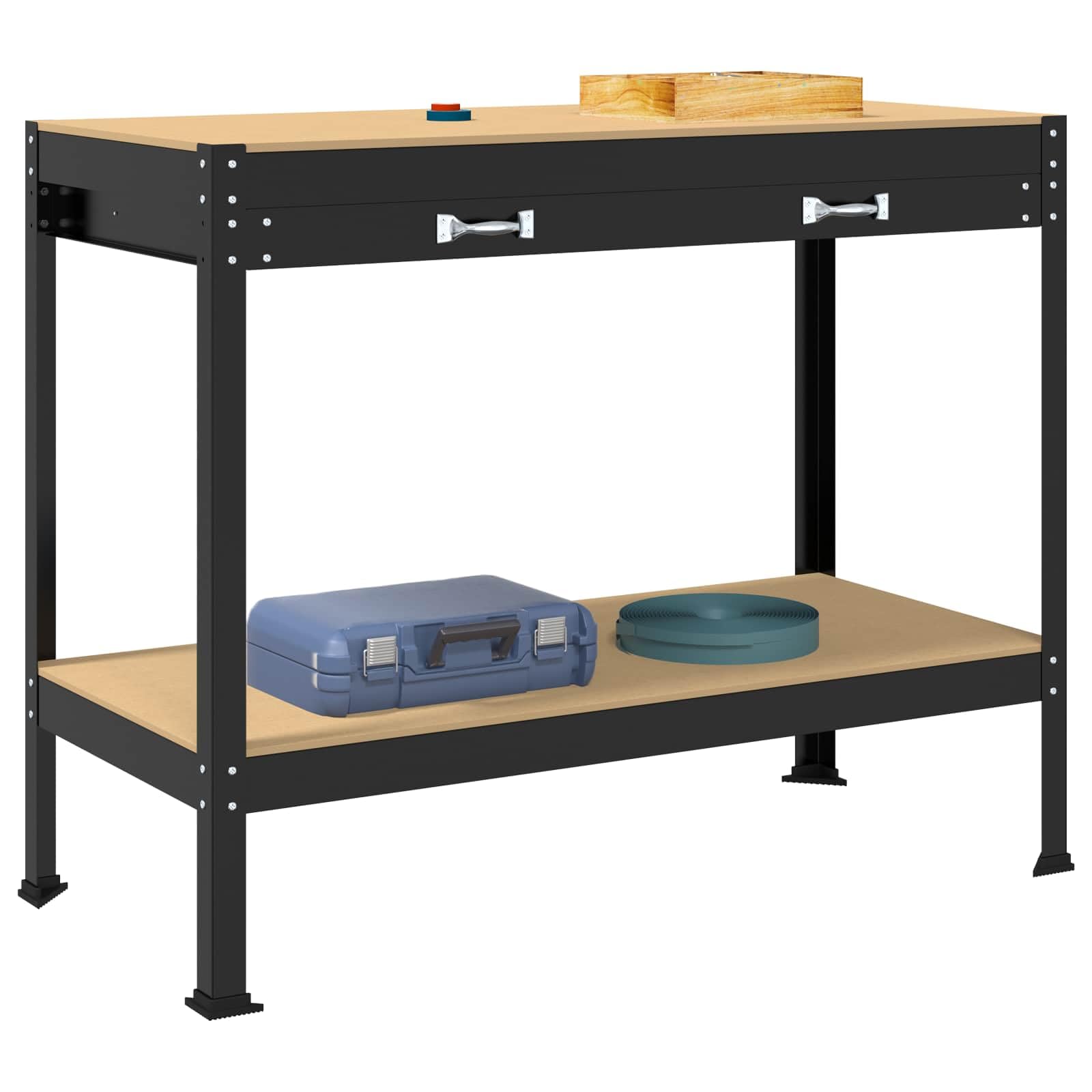 Banco de trabajo negro 114 x 54 x 91 cm de madera contrachapada y metal con cajón, pared perforada y estantes para taller, garaje y sala de ocio