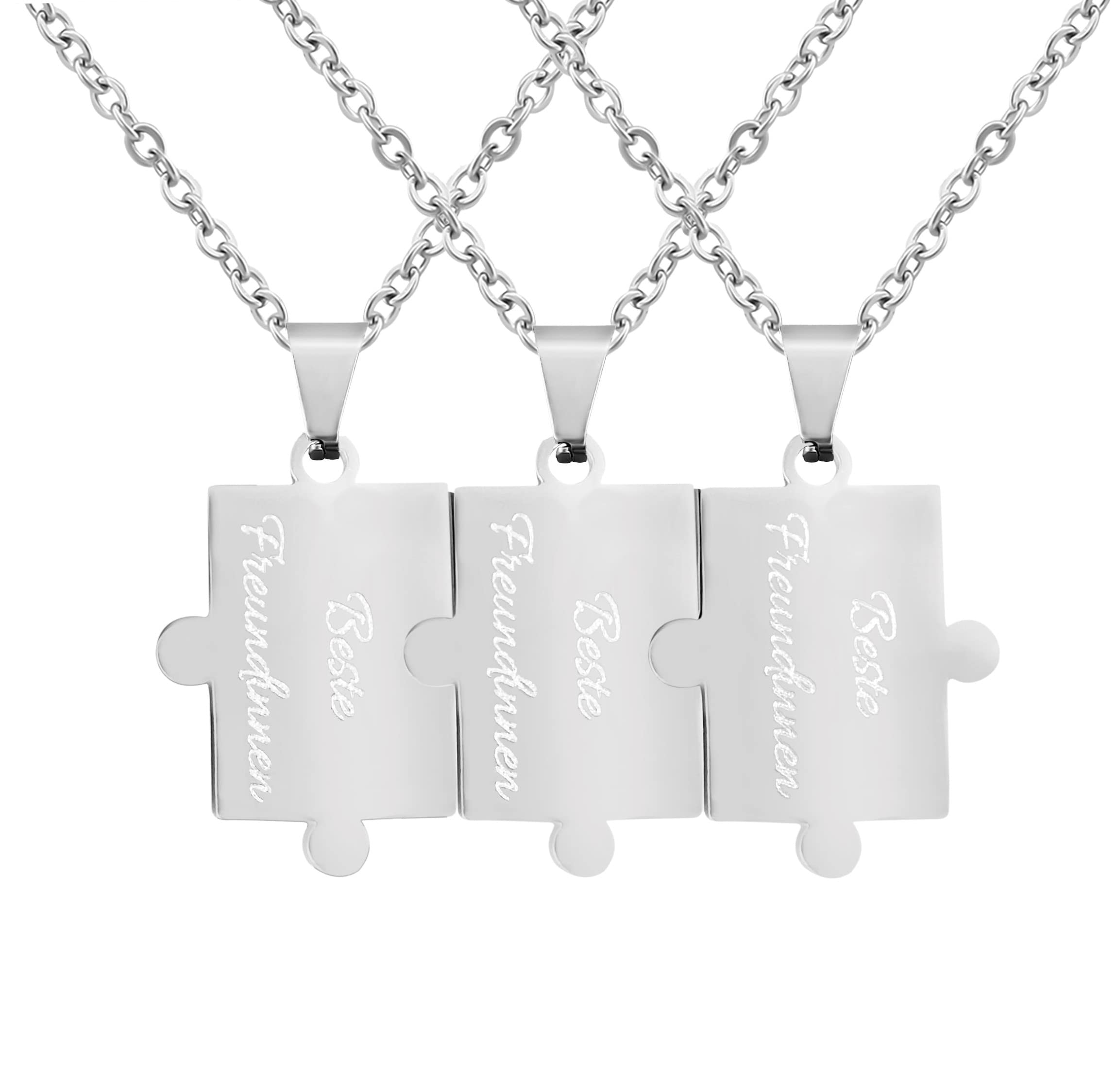 3 Stück Personalisierte Ketten mit Gravur Edelstahl 50 cm Puzzle in silber - Halsketten für Männer und Frauen - Personalisierter Schmuck Damen Herren Freundin Freund Geschwister