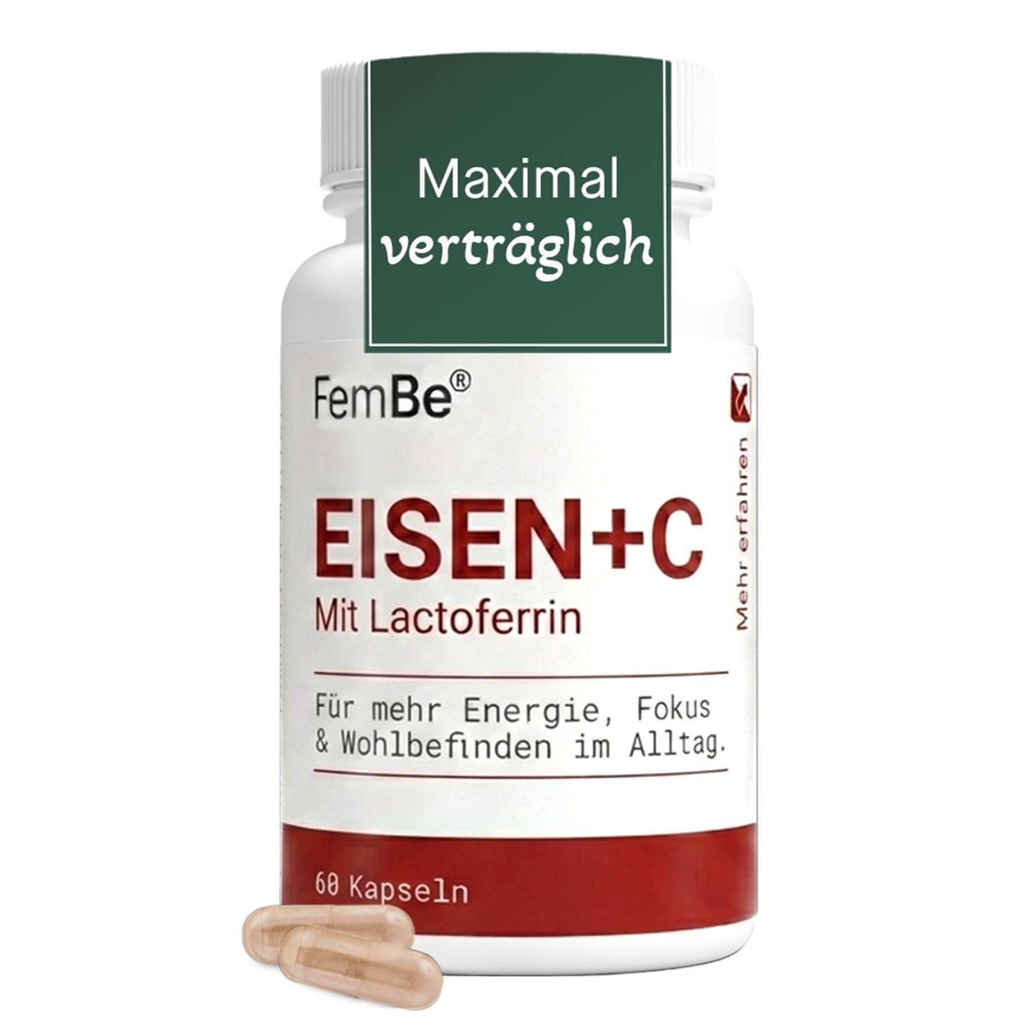 Magenfreundliche Eisentabletten für Frauen mit Lactoferrin & 142 mg Vitamin C – Effektiv & Bioverfügbar – Vegetarisch, ohne Zusätze – Eisen-Bisglycinat & Natürliches Vitamin C – 60 Kapseln