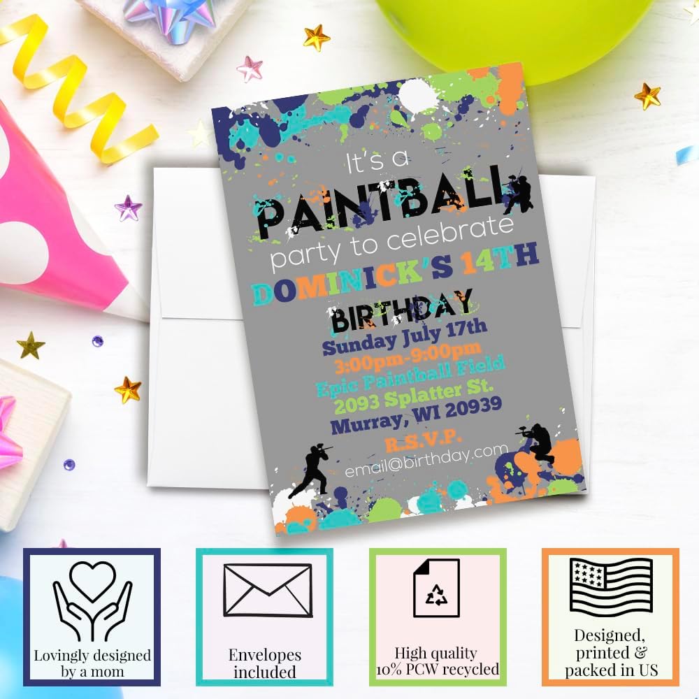 Custom Birthday Invitations Paintball Birthday Invites 20 5x7 Custom Paintball Party Invitation Cards With Envelopes - Unique Paintball Party Invites
