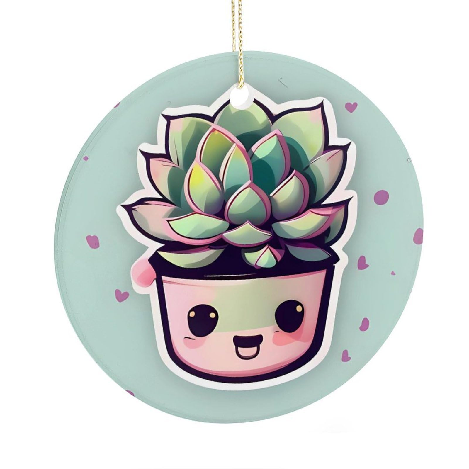 Adfgyerh Style Smiling Succulents Ceramic Circular Pendant,2.9 Inch，Hanging Ornament，Gift Exchange Idea Round Ceramic Ornament,For Mom And Daughter，For Home Indoor Outdoor Decor.