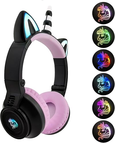 YUSONIC Auriculares de unicornio para niñas, 15 horas de tiempo de reproducción, auriculares de unicornio Bluetooth para la escuela, laptop,