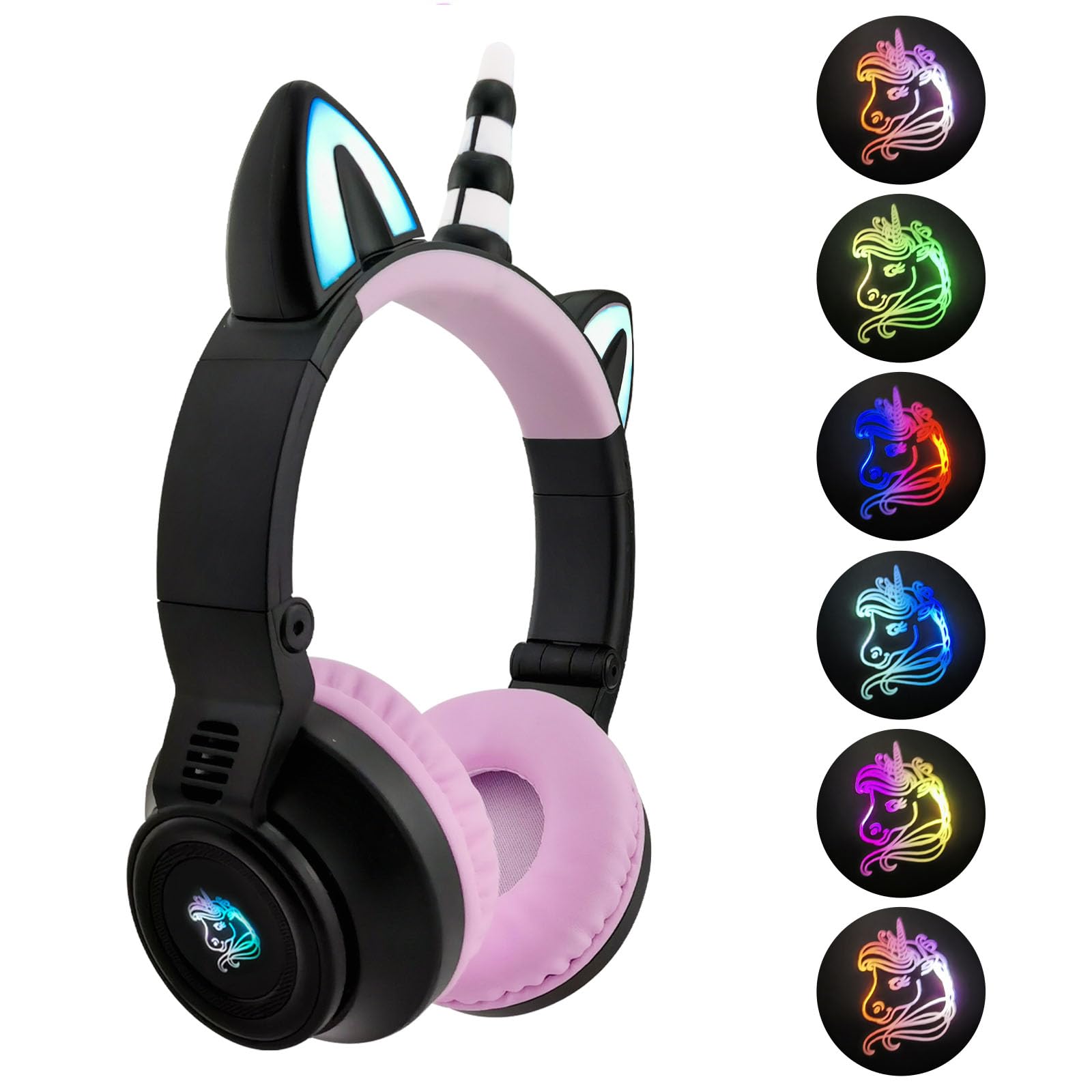YUSONIC Unicorn Kids Headphones for Girls,Unicorn Bluetooth Headphones Foldable for Girls Toddlers Tablet/pad/Amazon fire,Light Up Kids Wireless Headphone Birthday Gifts (Black Purple)