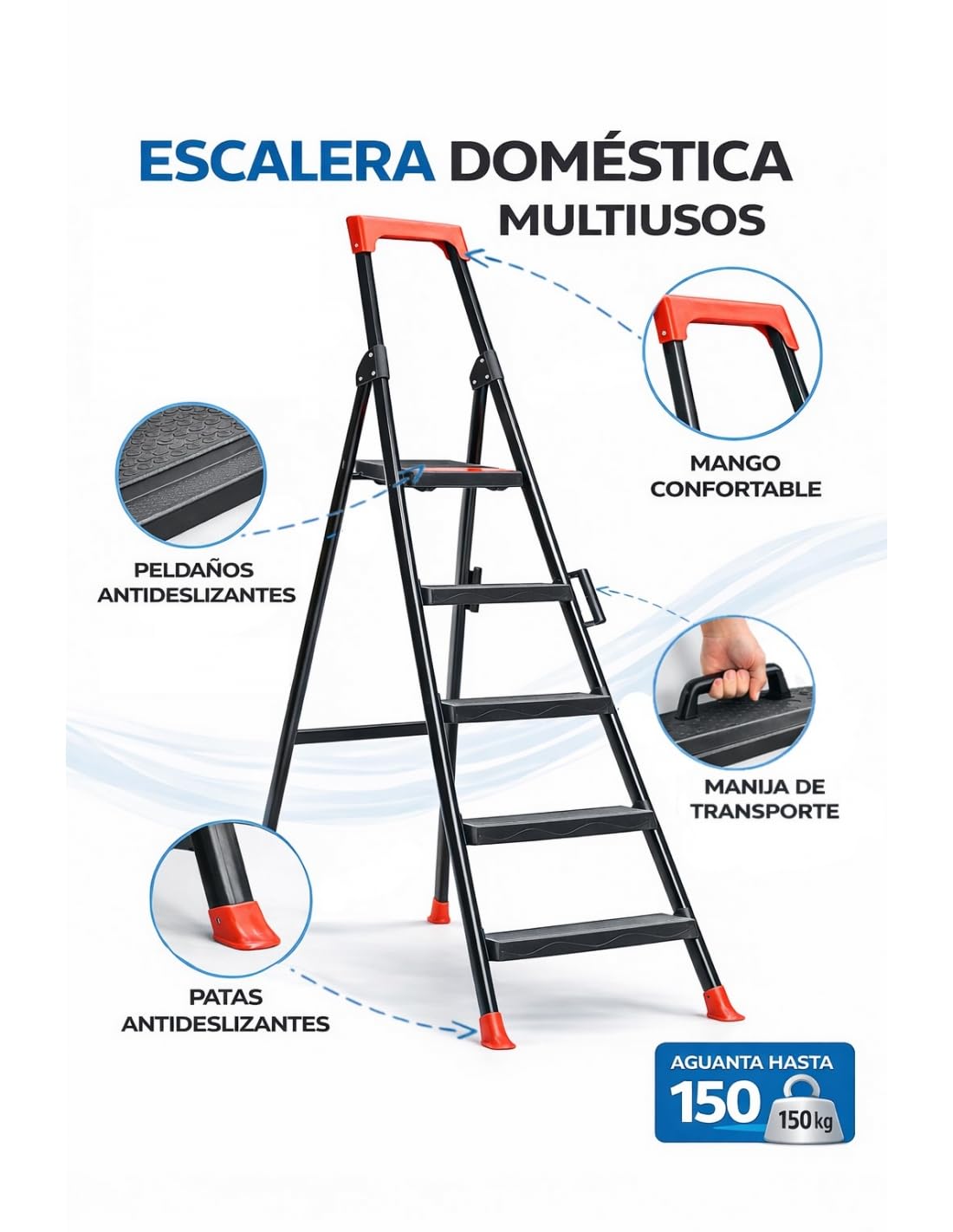 Escalera Plegable 5 peldaños Negra, Escalera de Tijera Resistente y Ligera, Antideslizante, Uso domestico, soporta hasta 150 kg