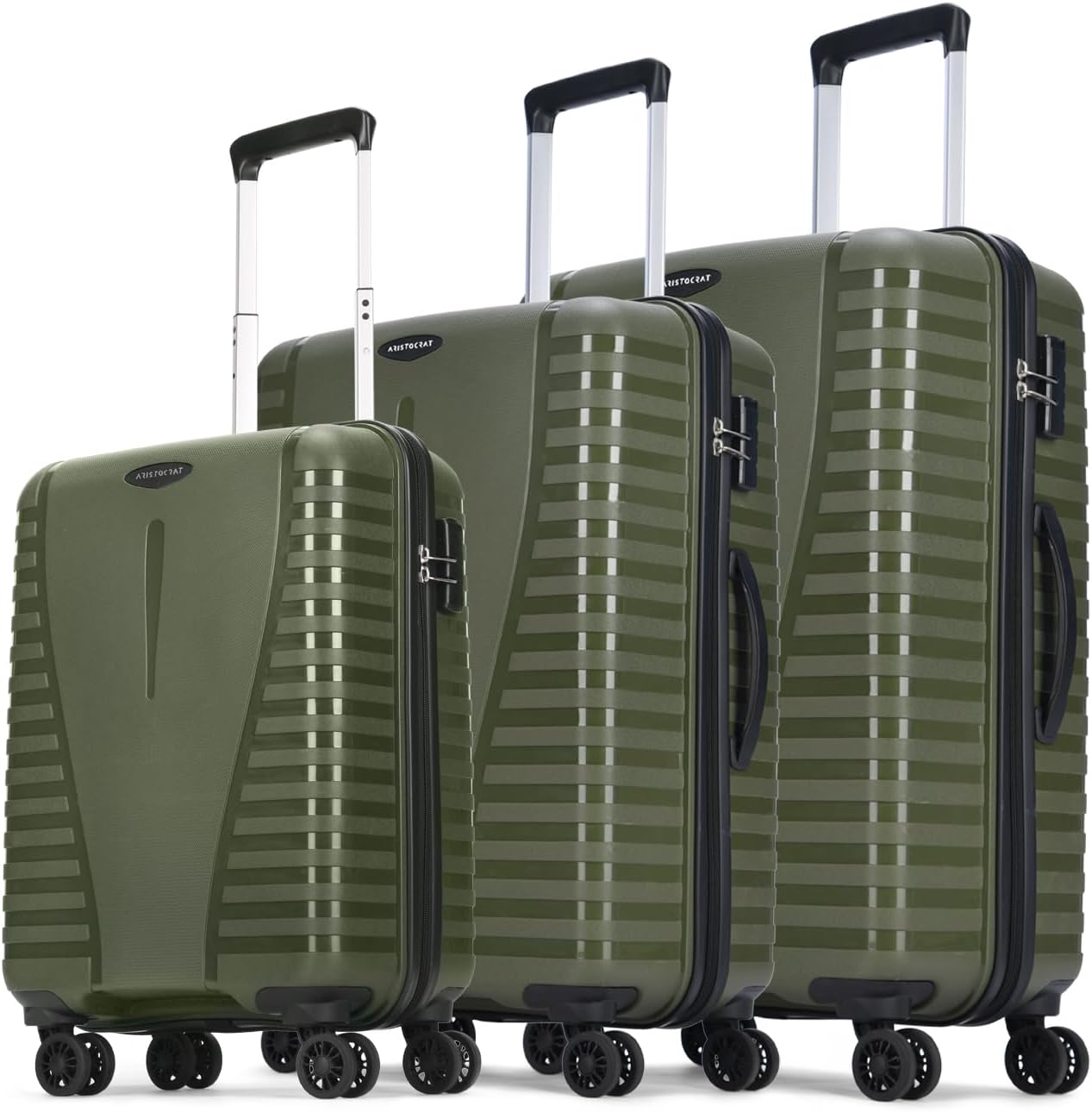 Aristocrat 3 Pc Airpro Set Cabin 55cm(Small) Check-in 66cm(Medium) Check-in 75cm(Large) 8 Wheels Spinner Trolley Bags, Hard Case Luggage, Lightweight Bag & Combination Lock|3 Years Warranty (Green)