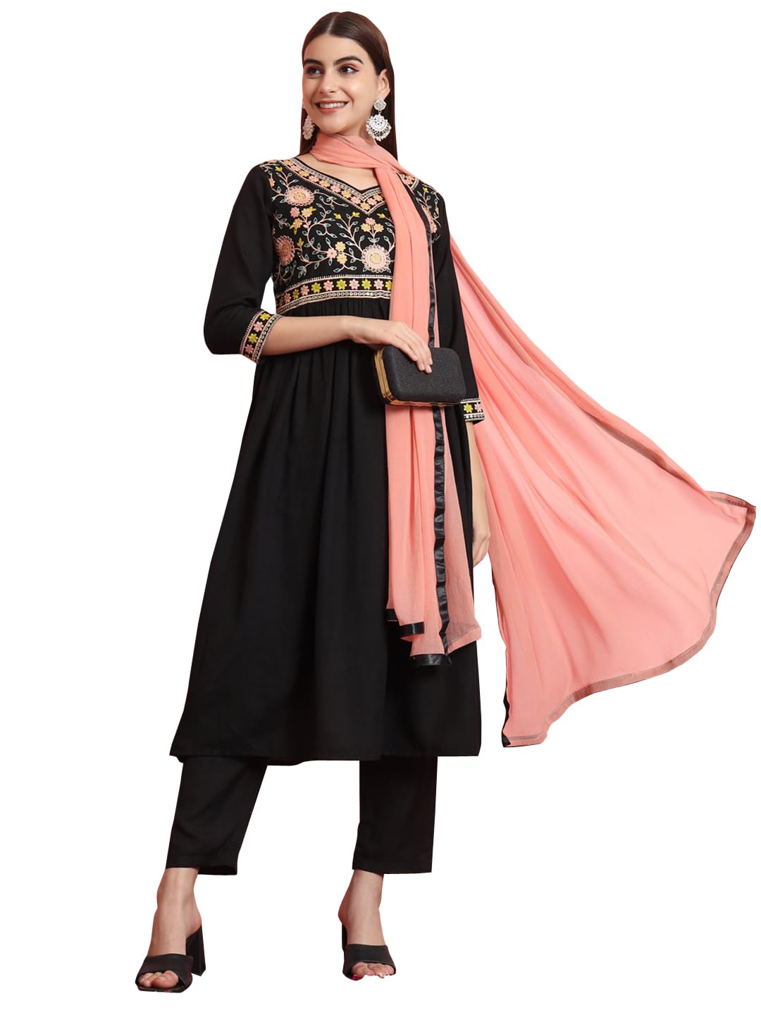 VredeVogel Women's Viscose Rayon Alia Cut A-line Flared Kurta with Pant & Nazneen Dupatta Set