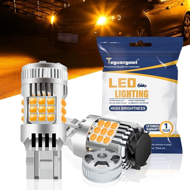 Teguangmei 7440 T20 LED Turn Signal Light, Canbus Error Free Bulit in Resistor Super Bright Amber Yellow 2640LM 26W Bulb w/Turbo Fan,W21W WY21W No Hyper Flash Car LED Front Rear Turn Signal Light 2PCS